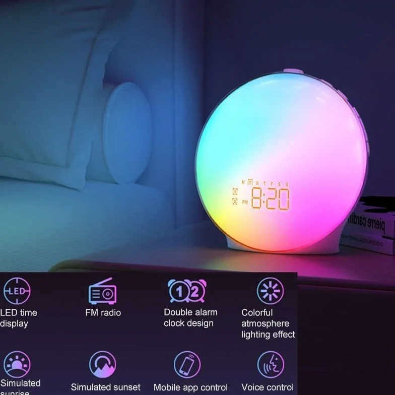 Zilimontt Budziki o wschodzie słońca, światło budzenia z symulacją wschodu słońca, podwójny alarm, lampka nocna przy łóżku, radio FM 7, uspokajający dźwięk, 18 kolorowych lamp nastrojowych (edycja