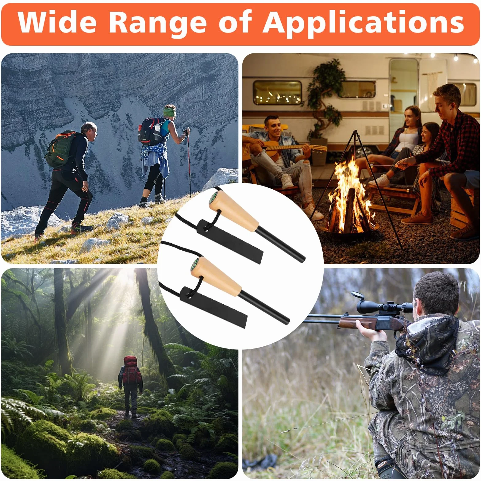 2 sztuki krzesiwo outdoorowe, survivalowe krzesiwo z drewnianym uchwytem i kompasem, magnezowy rozpalacz ognia zestaw survivalowy, rozpalacz ognia ze stali krzemowej, zestaw survivalowy do bushcraft
