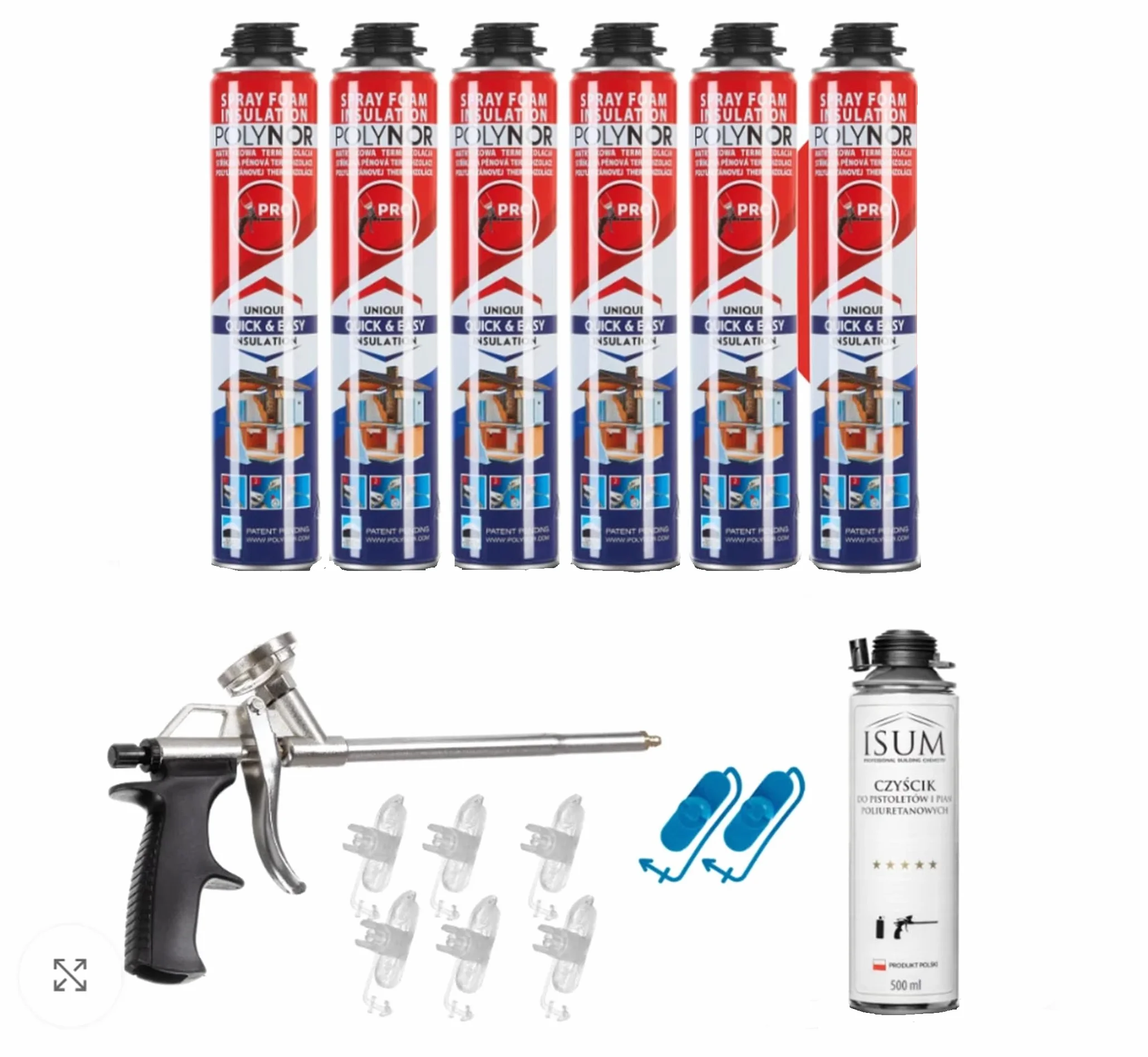 POLYNOR Izolacja Cieplna PUR w Puszce PRO - Zestaw 16 elementów - 6 Pianek - Pistolet do piany - Natryskowa Izolacja Termiczna - Izolacja Ścian, Dachów, Sufitów, Rur - Aerozol 750 ml