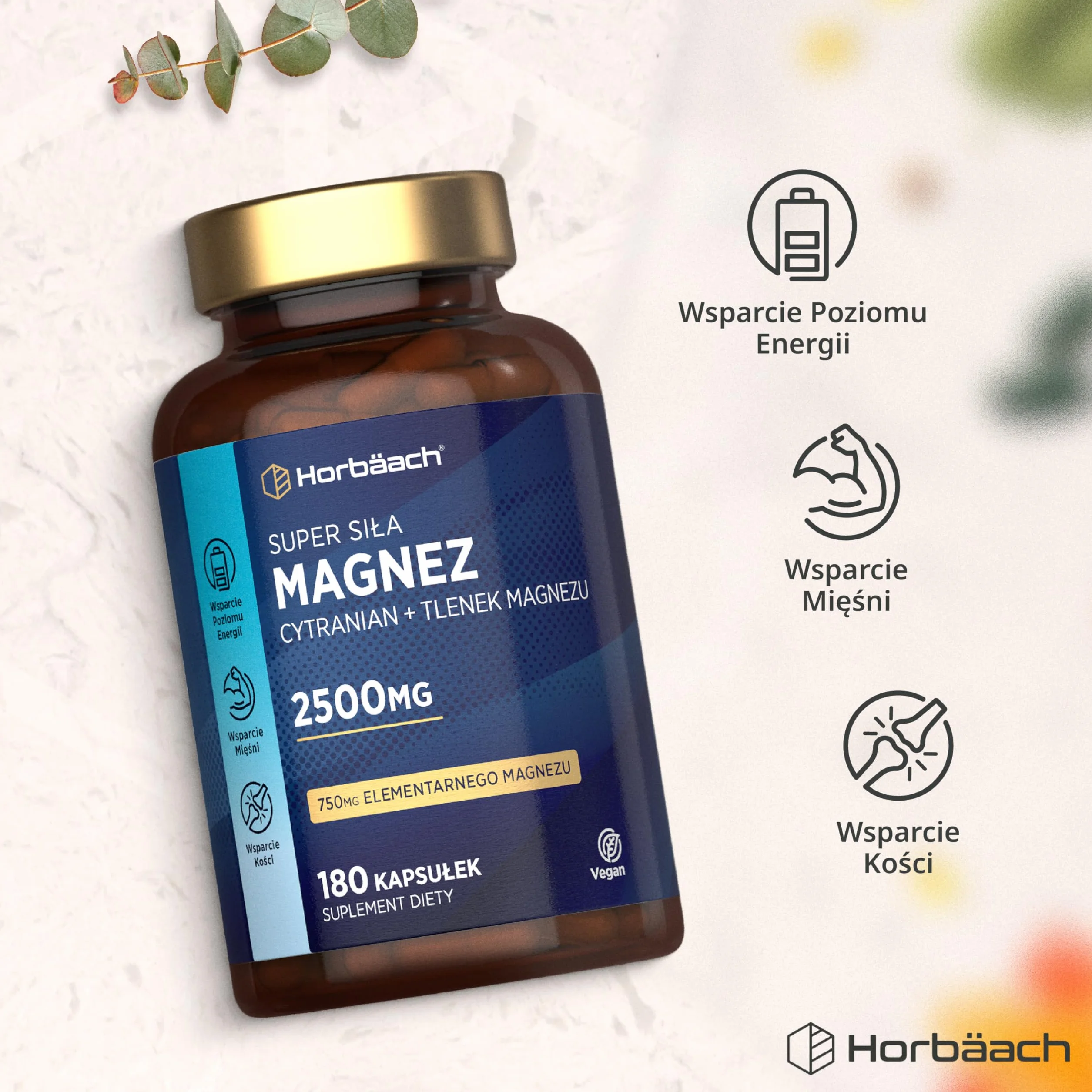 Cytranian Magnezu 2500 mg | Wysoka Dawka 750 mg Czystego Magnezu (Magnez Elementarny) | Cytryniany i Tlenki | 180 Kapsułek Wegańskich - Zapas na 2 Miesiące | marki Horbaach