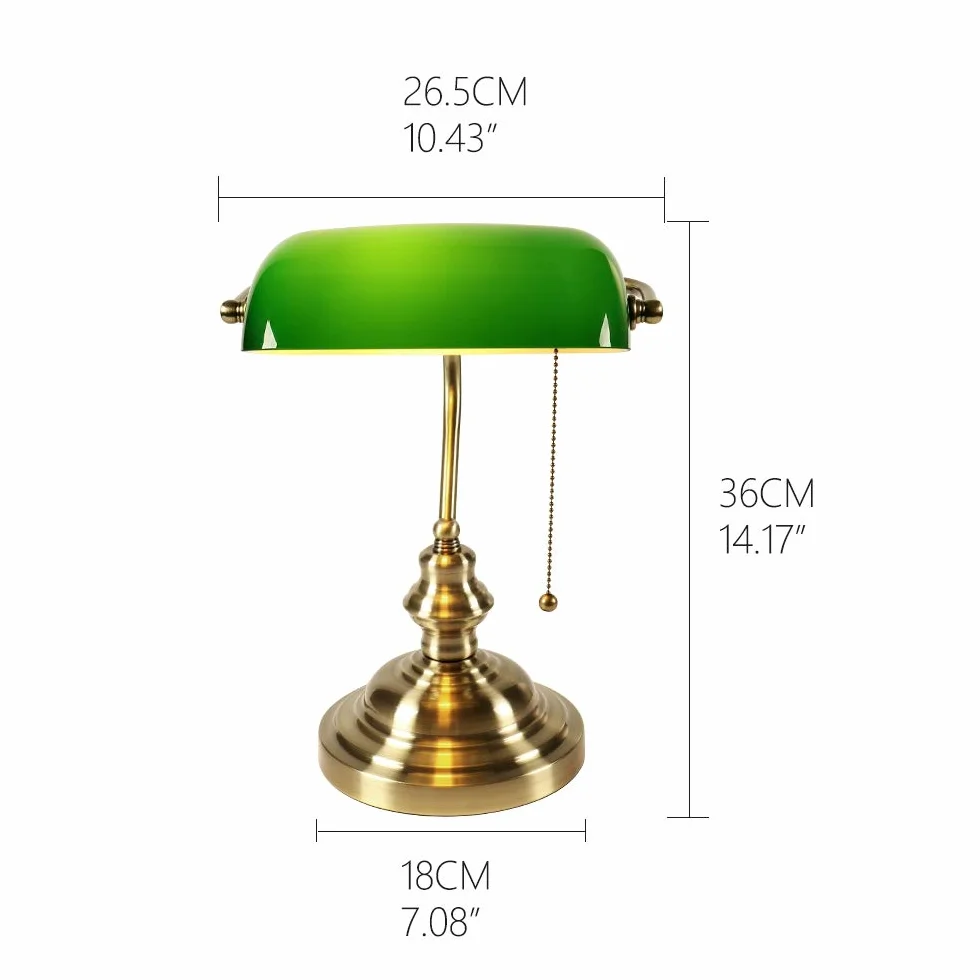 Bankers Zielona szklana lampa biurkowa antyczna z mosiężną podstawą vintage do biura
