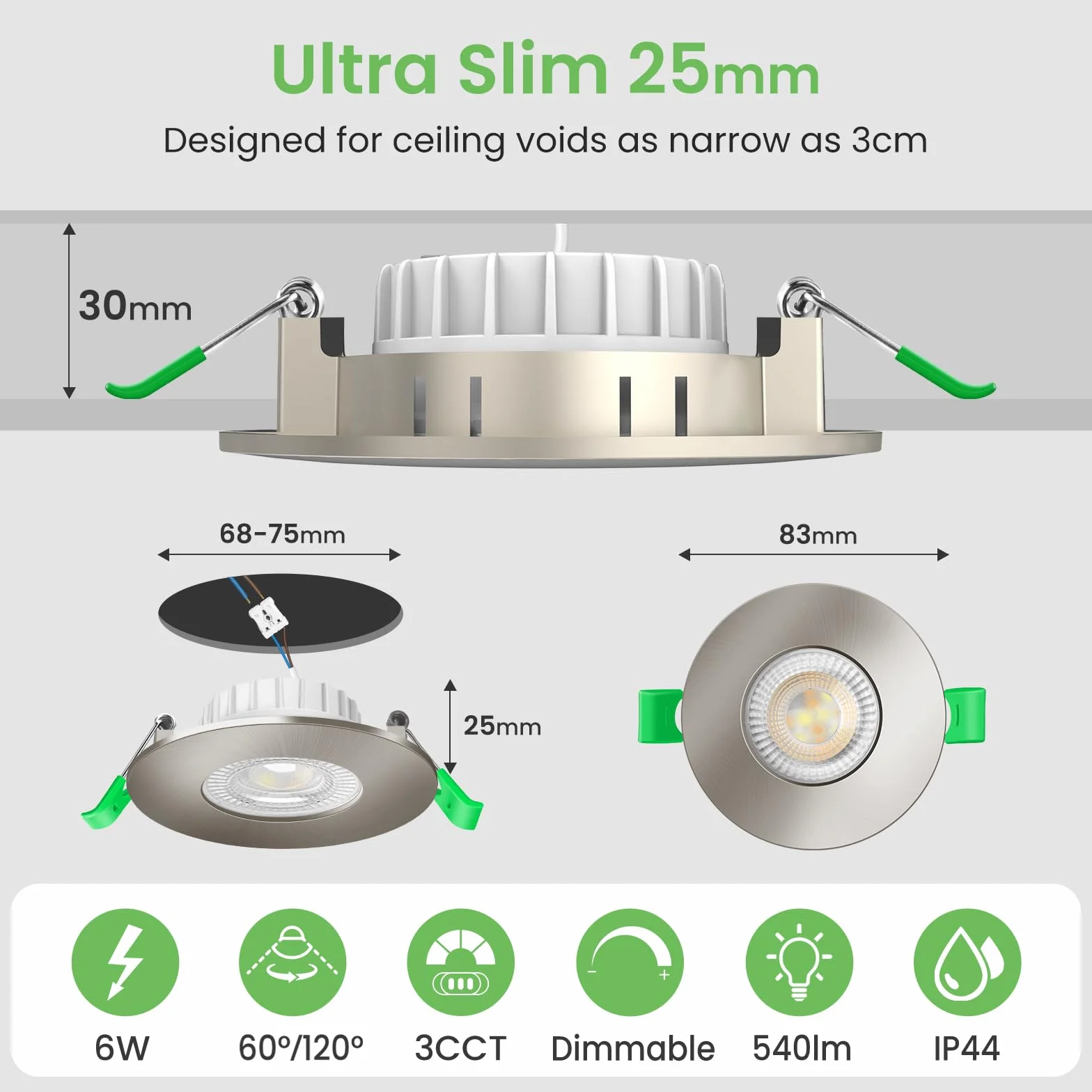 ALUSSO LIGHTING Reflektor LED Nikiel 6 W 230 V, otwór Φ68-75 mm, możliwość ściemniania 3CCT, ciepła, naturalnego, zimnego, białego, 540 lm, wpuszczana lampa sufitowa IP44, wodoodporna lampa sufitowa