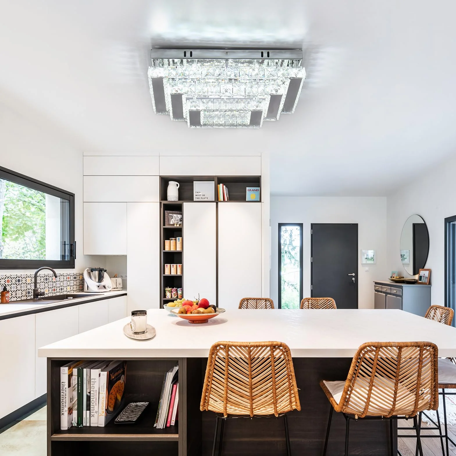 Fintonglan Kwadratowa szklana lampa sufitowa LED 38 cm, 3 poziomy pół-wpuszczane 61 W 6500 K zimna biel, nowoczesna lampa sufitowa do salonu, sypialni i jadalni