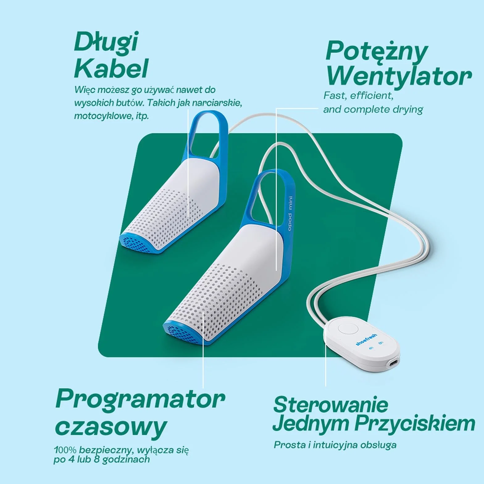 Shoefresh Opod Mini Suszarka i Odświeżacz do Butów z Timerem, Adapter USB-C