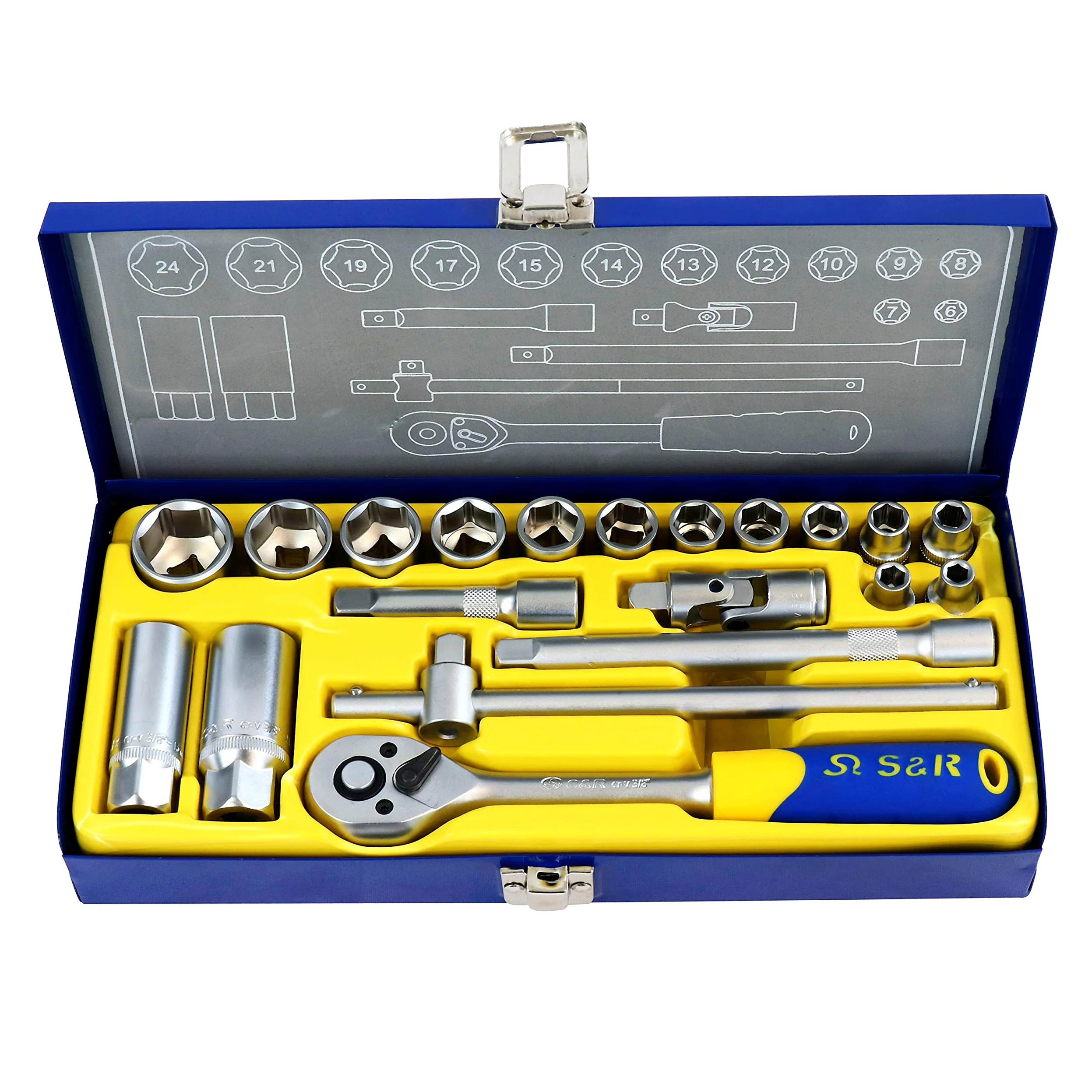 S&R Zestaw kluczy nasadowych 20-częściowy 3/8" Lock-Drive profil chrom-wanadowy w metalowym pudełku, klucze nasadowe do zardzewiałych lub mocno osadzonych śrub, skrzynka narzędziowa skrzynka z grzechotką, zestaw nasadek