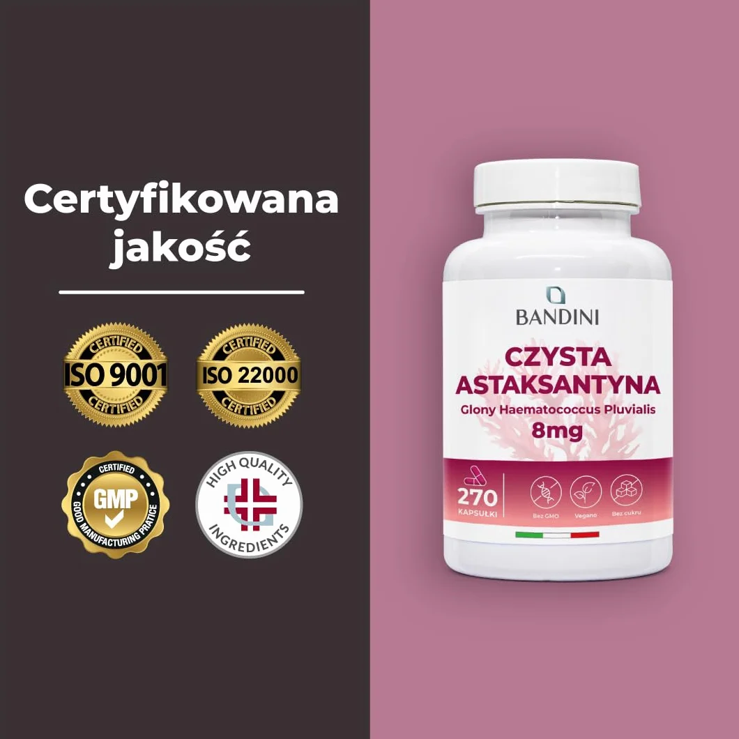 Bandini Czysta Astaksantyna 270 kapsułek 9-miesięczny zapas Naturalny przeciwutleniacz Astaxanthin 8 mg na kapsułkę Vegan bez GMO