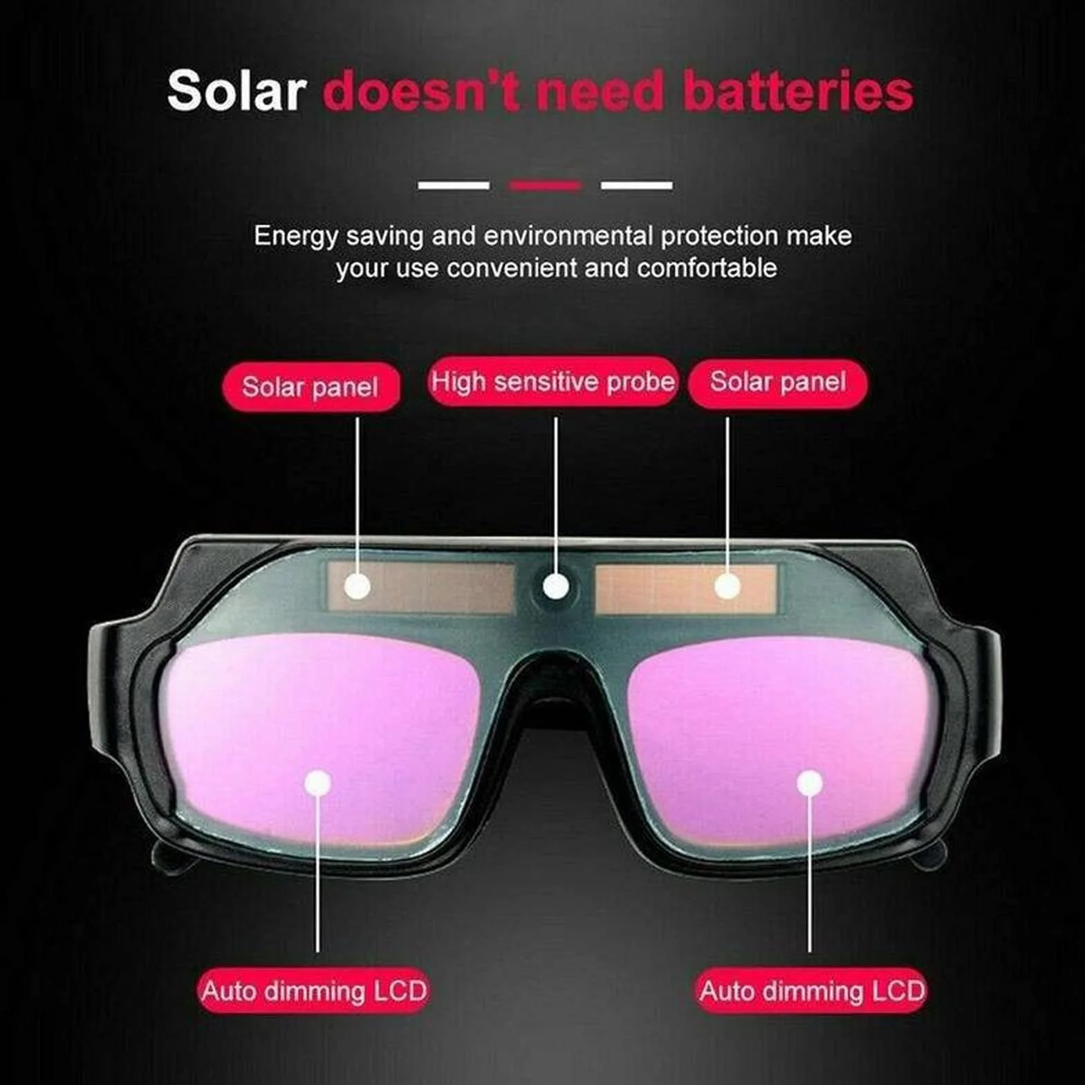 Automatyczne przyciemnianie gogle spawalnicze Solar Eye Safety, ochronne okulary PC z wysokoczułym detektorem, helm spawalniczy do lutowania i spawania