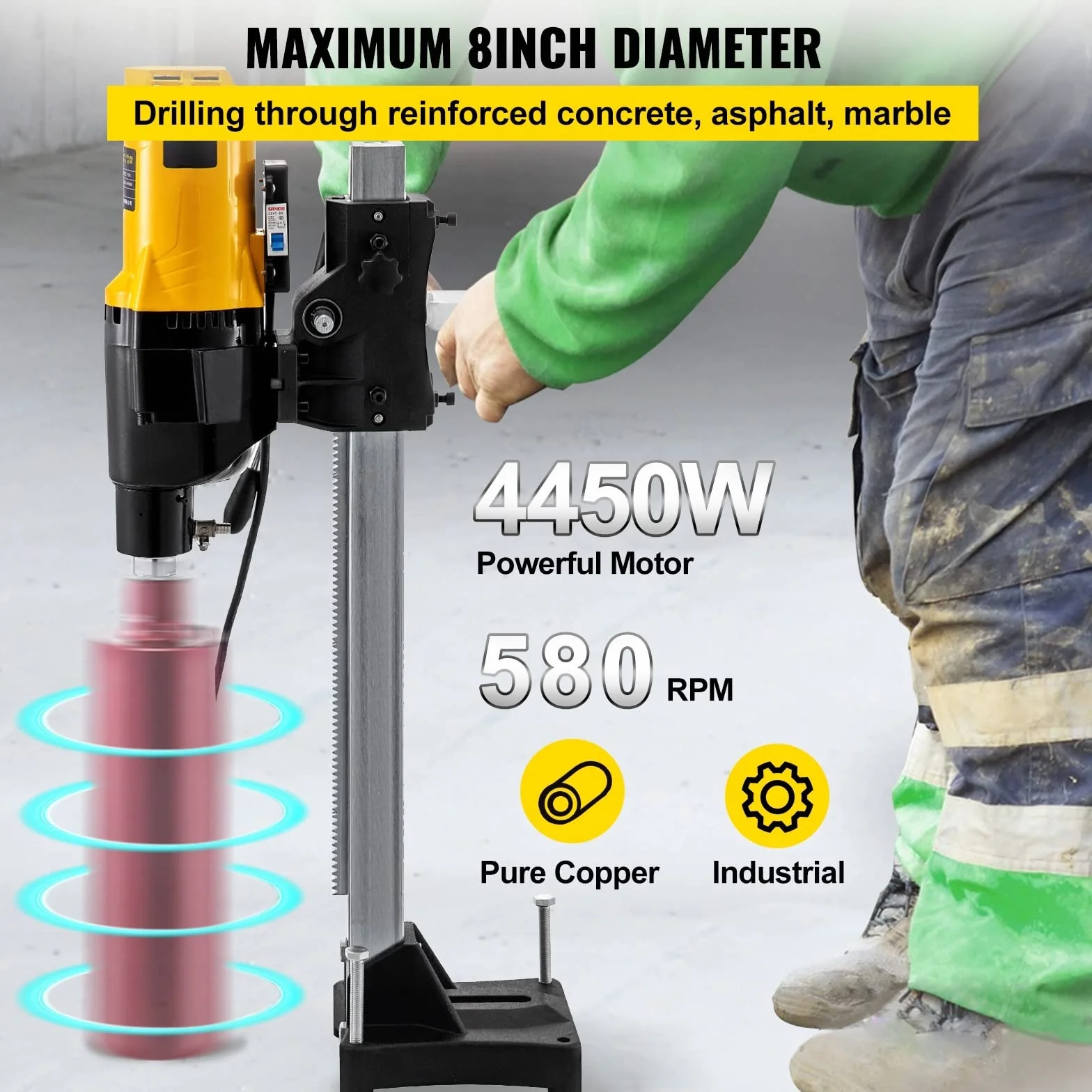 Stojak na pionową wiertnicę diamentową 255 mm, 4450 W, do ciężkich prac inżynieryjnych, do wiercenia na mokro i sucho w betonie i marmurze