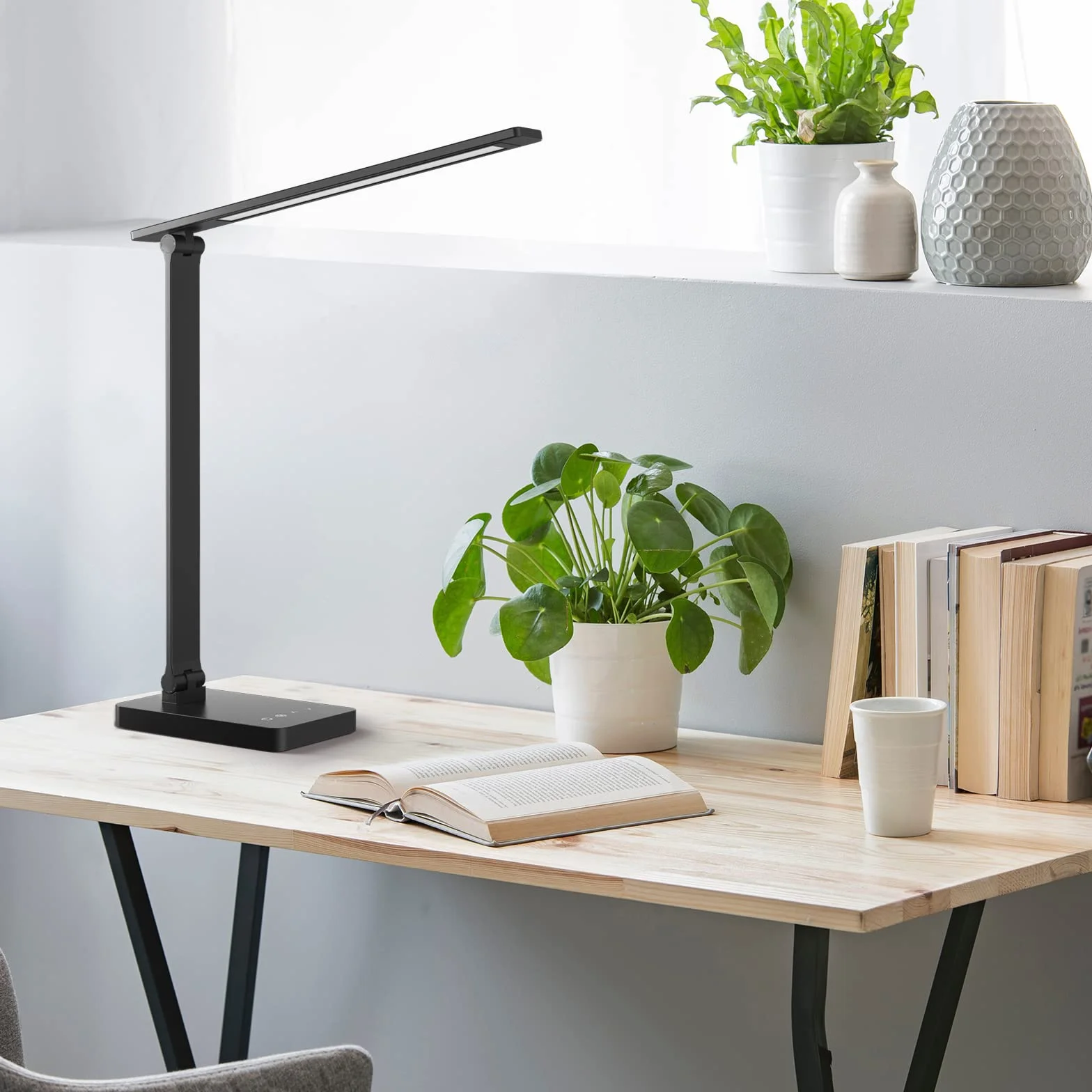 Lepro Lampa biurkowa LED, 450 lm, 3 kolory i 5 poziomów jasności, możliwość ściemniania, 3000-6500 K, światło dzienne z ochroną oczu, lampka nocna, lampka do czytania dla dzieci, do biura, czarna