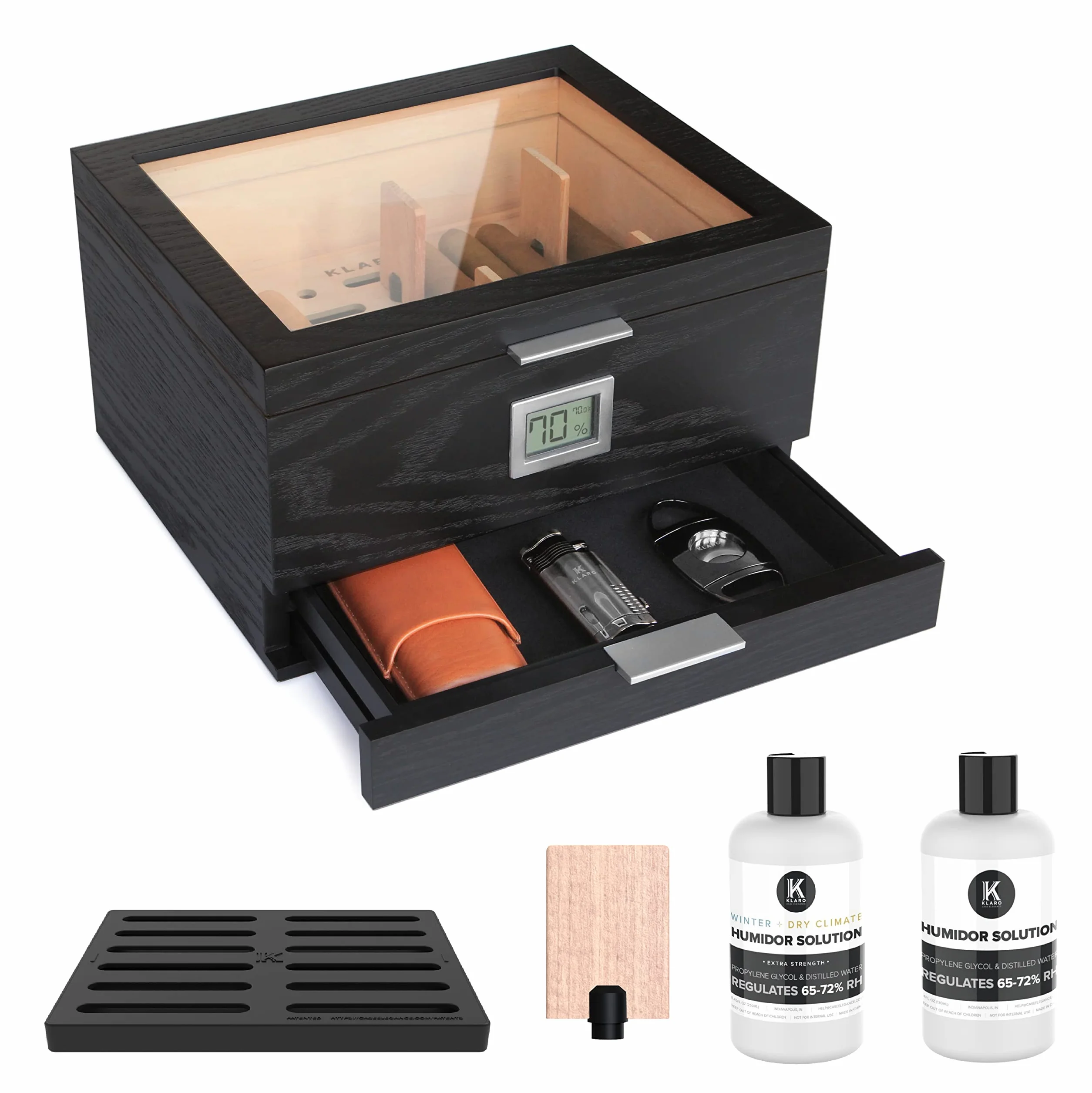 Klaro Mill Glass Top Humidor Matte Black Wood Grain 30-60 Cigars Spanish Cedar Digital Hygrometer