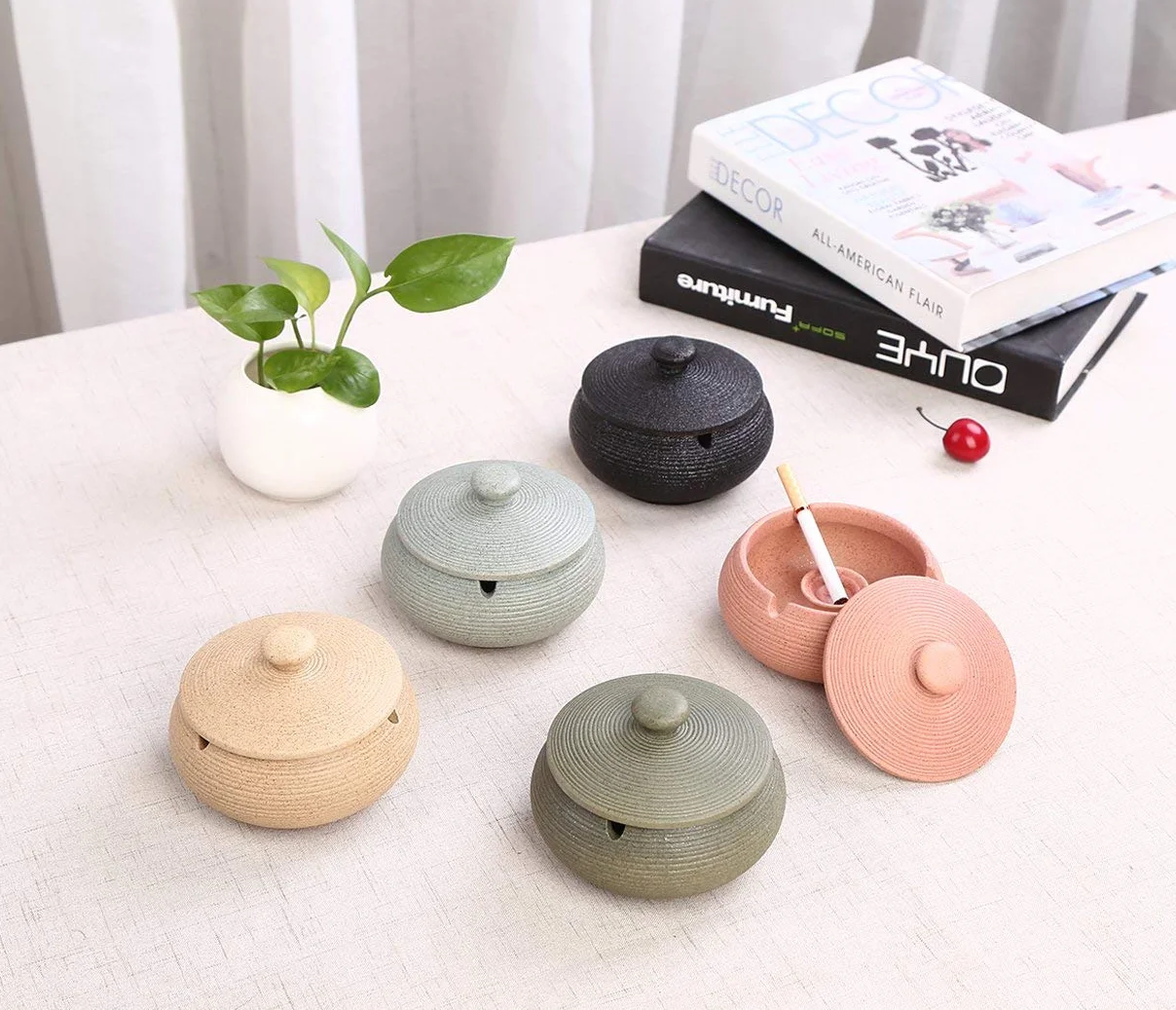Lependor Ceramiczna popielniczka z pokrywkami wiatroszczelna na papierosy do użytku wewnątrz i na zewnątrz