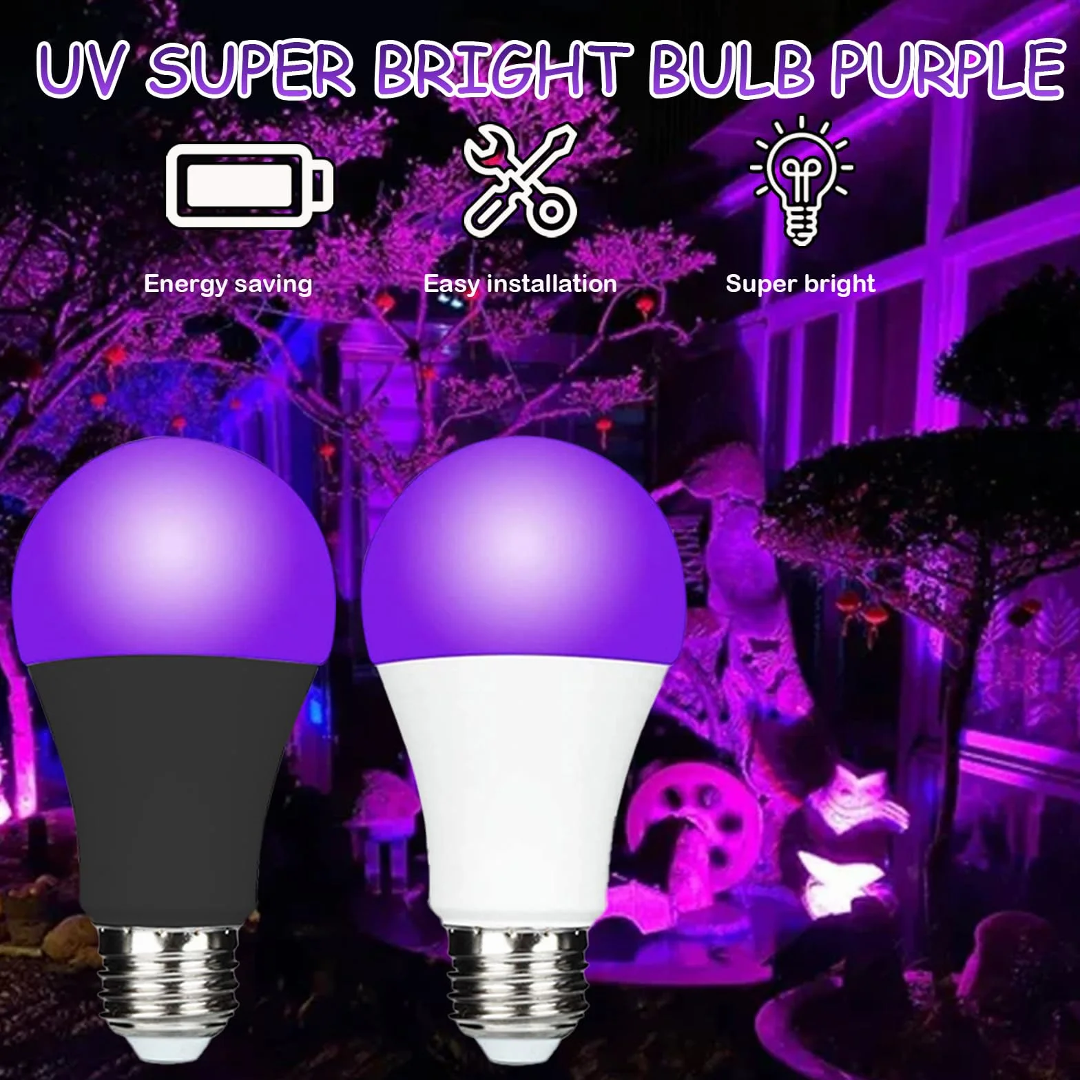 Żarówka UV z czarnym światłem, E27, 10 W, czarna żarówka, 385-400 nm UVA, oświetlenie UV na imprezę Halloween, do piwnicy, dyskoteki, klubu (2 sztuki białe)