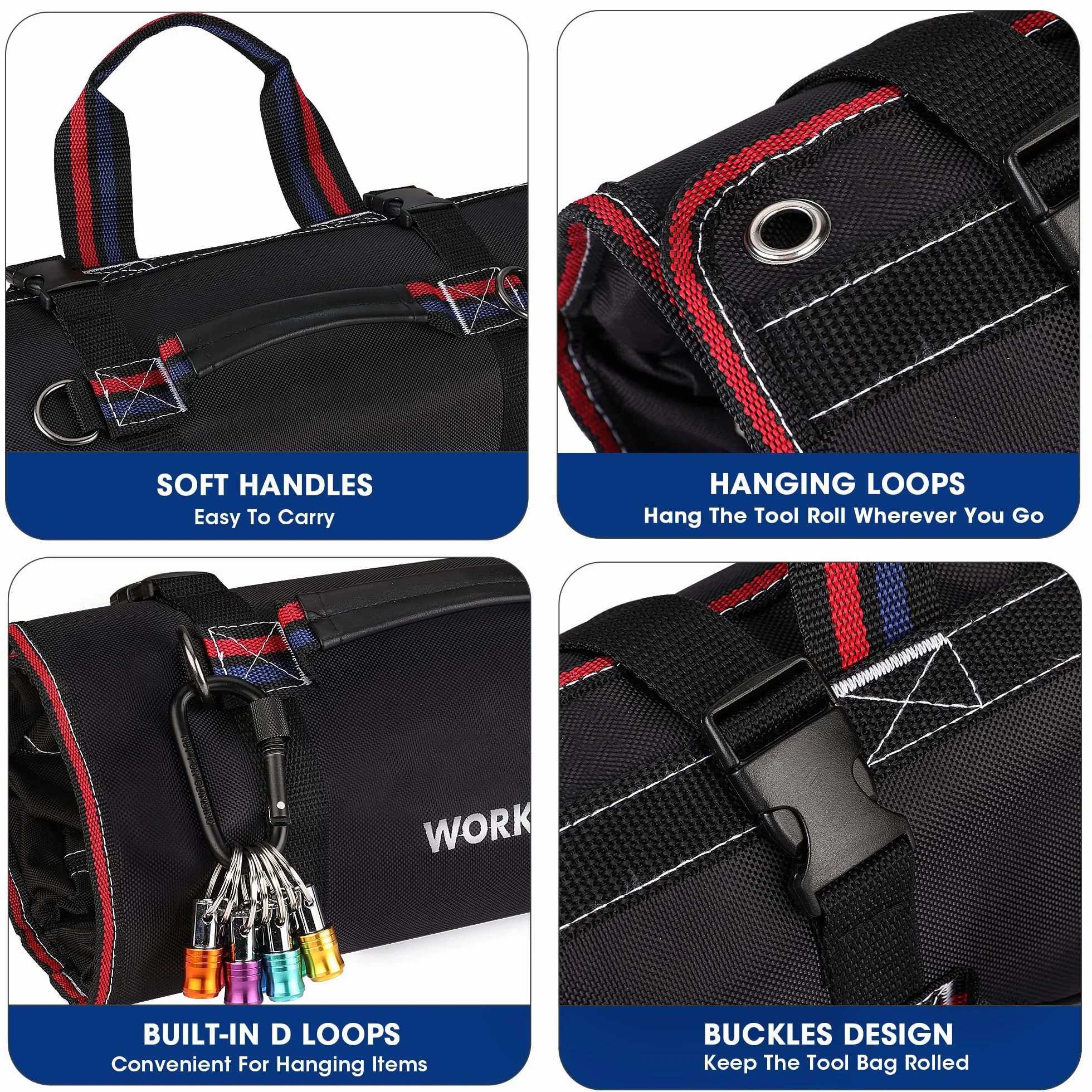 WORKPRO Torba na narzędzia, zwijana torba uniwersalna, 57 x 36 cm organizer do rolek narzędzi, 6 kieszeni, tkanina Oxford 720D, dla elektryków/stolarzy/hydraulików