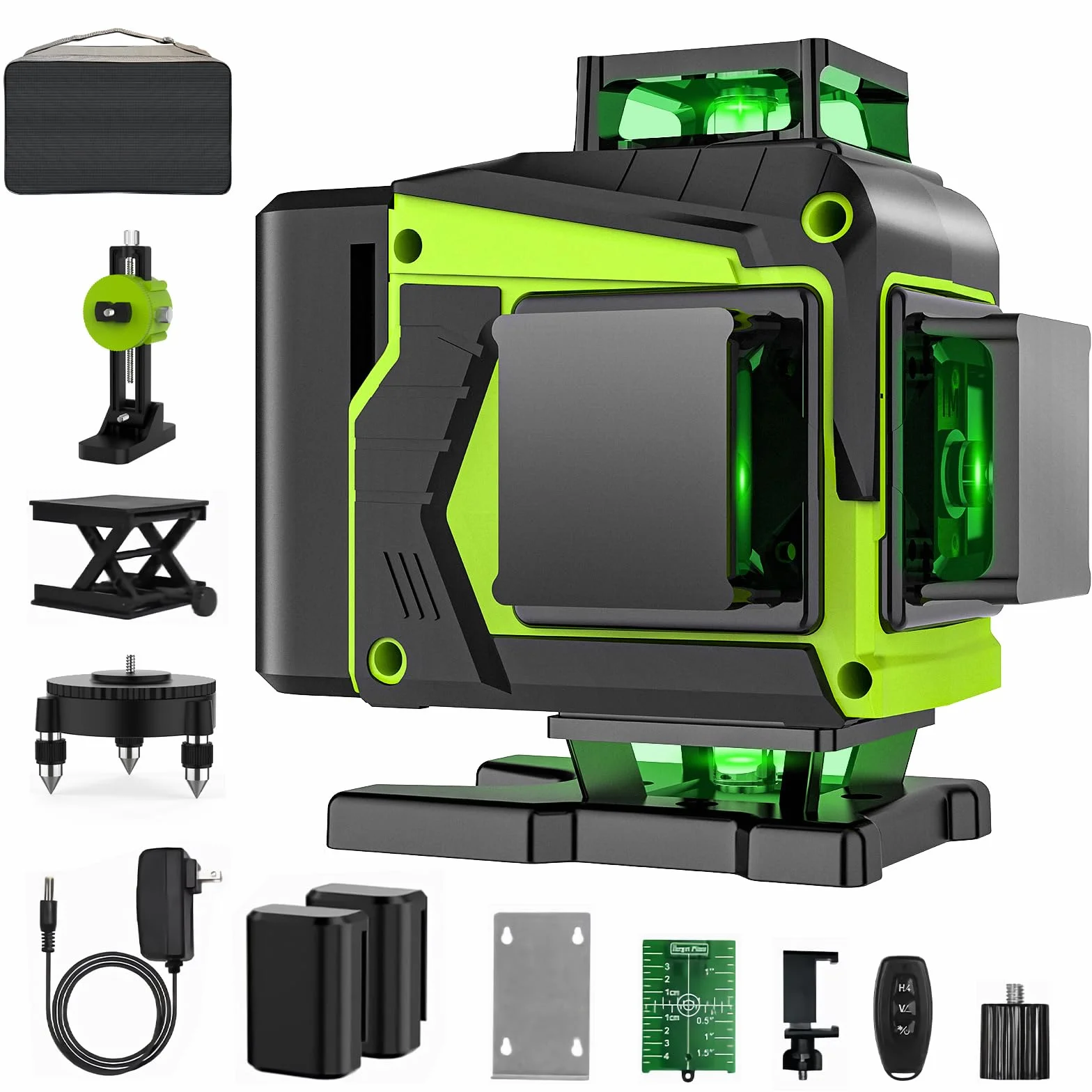 Poziom lasera samopoziomującego 4 x 360°, 16-liniowa laserowa zielona, 2 x 360° poziomy i pionowe, 2 baterie, automatyczne poziomowanie, pilot, magnetyczna podstawa