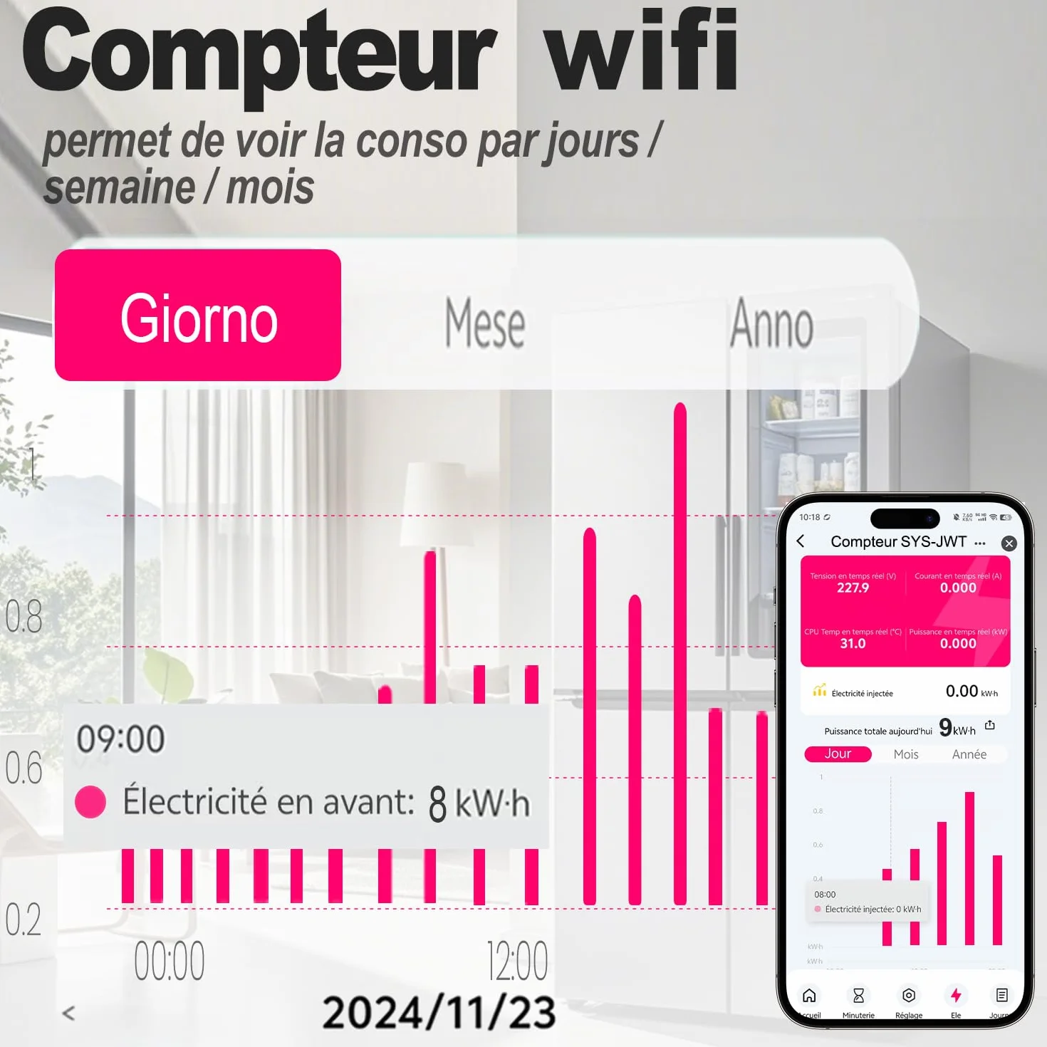 TONGOU Licznik energii WiFi – 50 A – 1-fazowy, LCD cyfrowy licznik prądu, szyna montażowa DIN z resetowaniem zasilania, monitorowanie prądu, pilot zdalnego sterowania, przełącznik przekaźnikowy