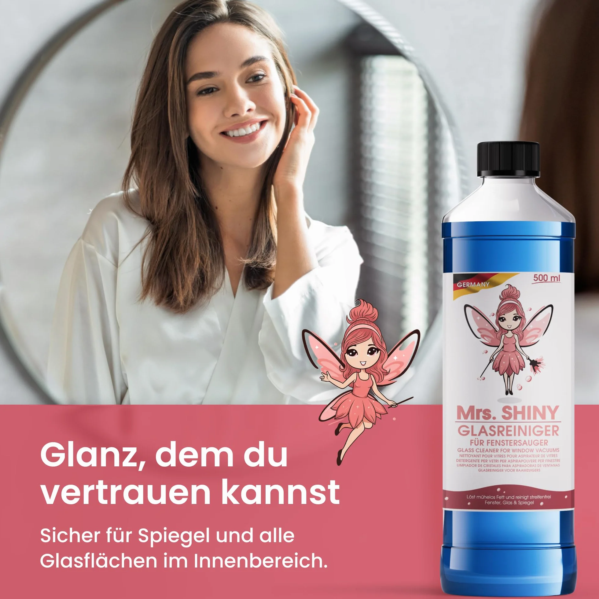 MRS. SHINY Środek do czyszczenia szyb do mycia okien [500 ml] środek do czyszczenia okien – bez smug – formuła bez piany, gotowy do użycia – rozpuszcza tłuszcz i kurz, idealny do szkła, luster i