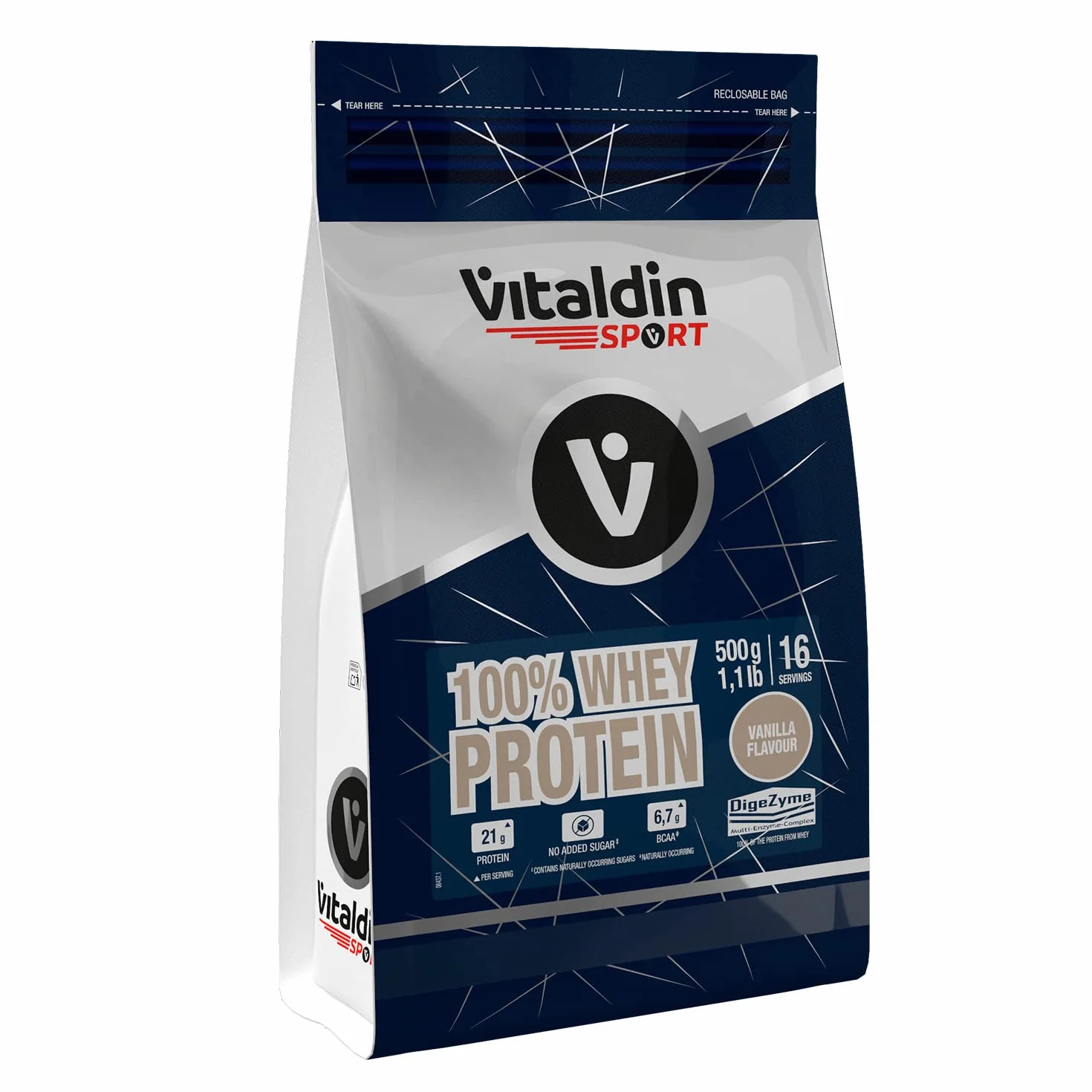 VITALDIN SPORT 100% Whey Protein Vanilla 500 g – 100% białko serwatkowe w proszku z Digezyme – budowa mięśni i regeneracja – smak waniliowy – 6,7 g BCAA na porcję – bez dodatku cukru
