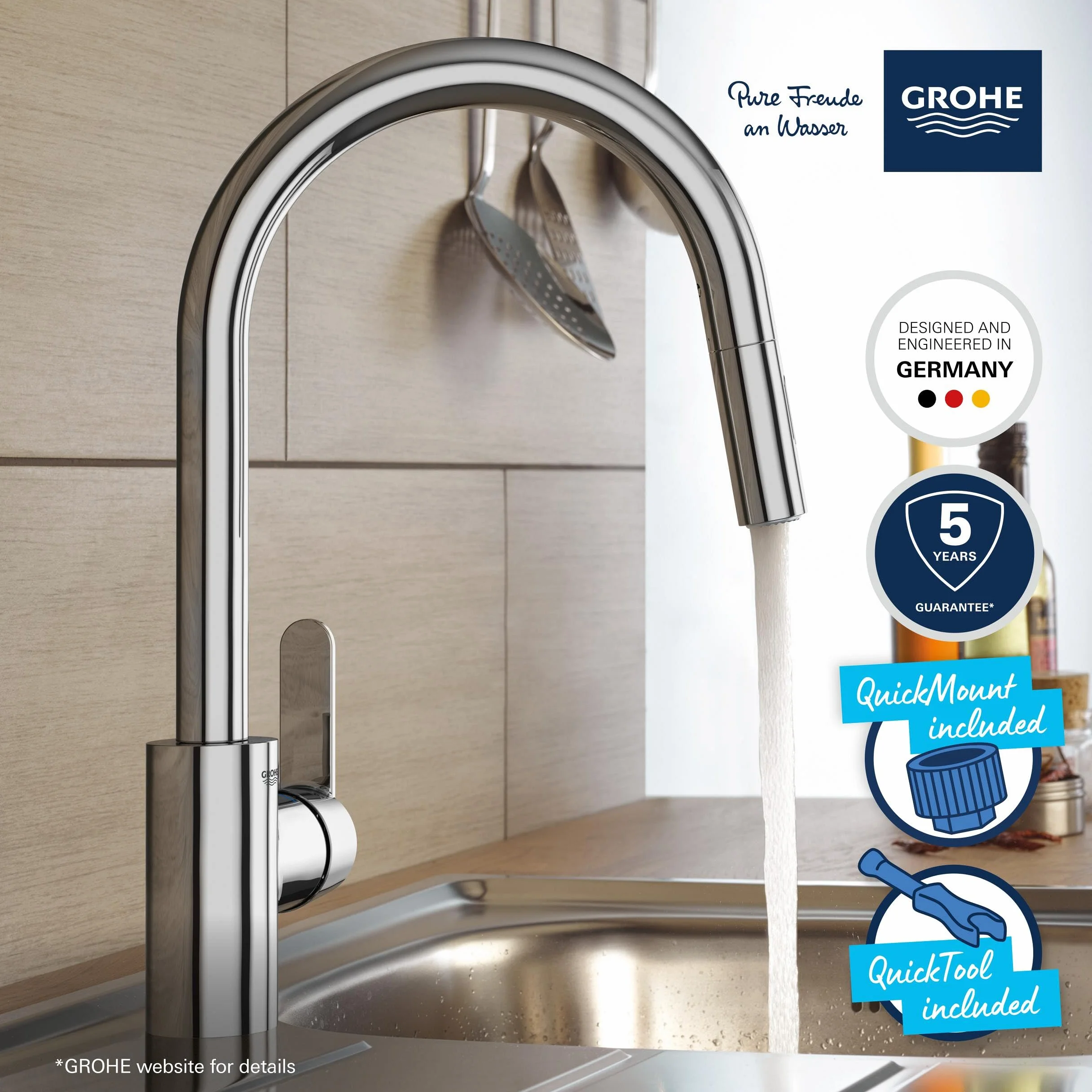 GROHE Get 31484001 armatura kuchenna, 2 rodzaje strumienia (kran kuchenny z wyciąganą słuchawką, obracany o 360°, oszczędność wody dzięki zmiennemu ograniczeniu ilości, łatwy montaż w zlewozmywaku
