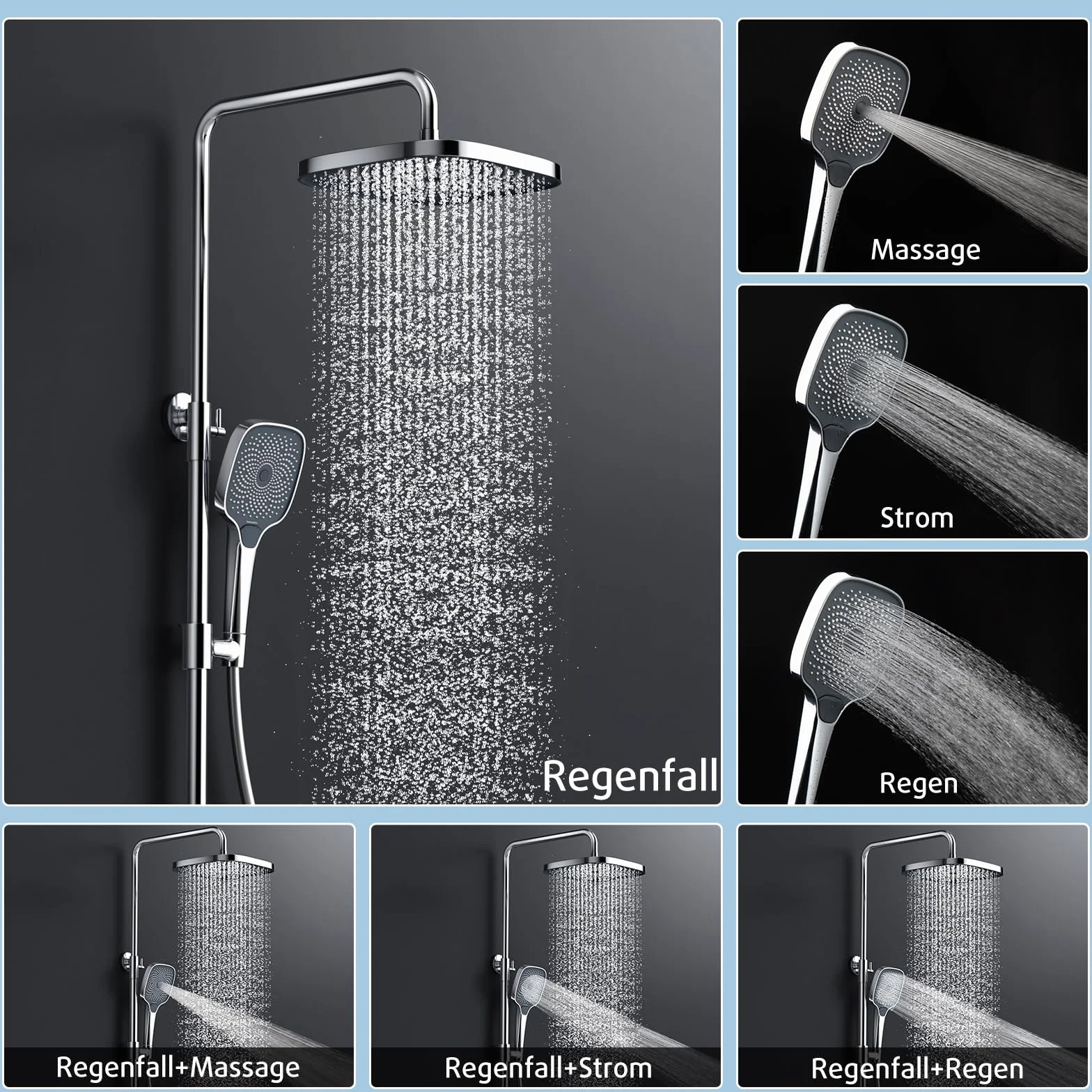 Rainsworth System prysznicowy z termostatem i szklaną półką – obsługa jednym przyciskiem i regulacją przepływu, armatura prysznicowa, deszczownica 26 x 26 cm, słuchawka prysznicowa, 3 rodzaje