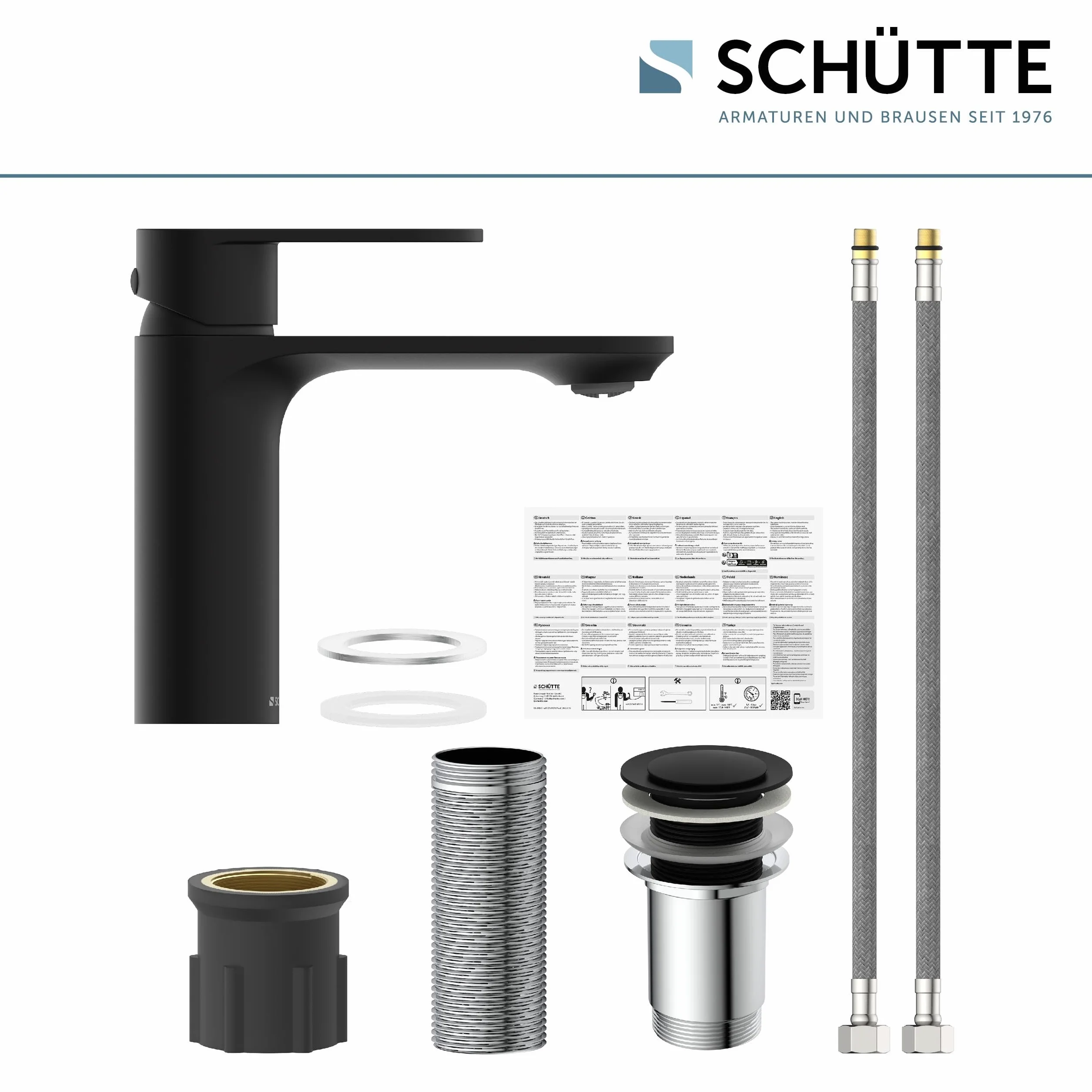 SCHÜTTE MONTANA 32316 bateria umywalkowa łazienkowa z zestawem odpływowym, jednouchwytowa bateria łazienkowa z korkiem odpływowym, bateria mieszakowa, umywalka, czarna