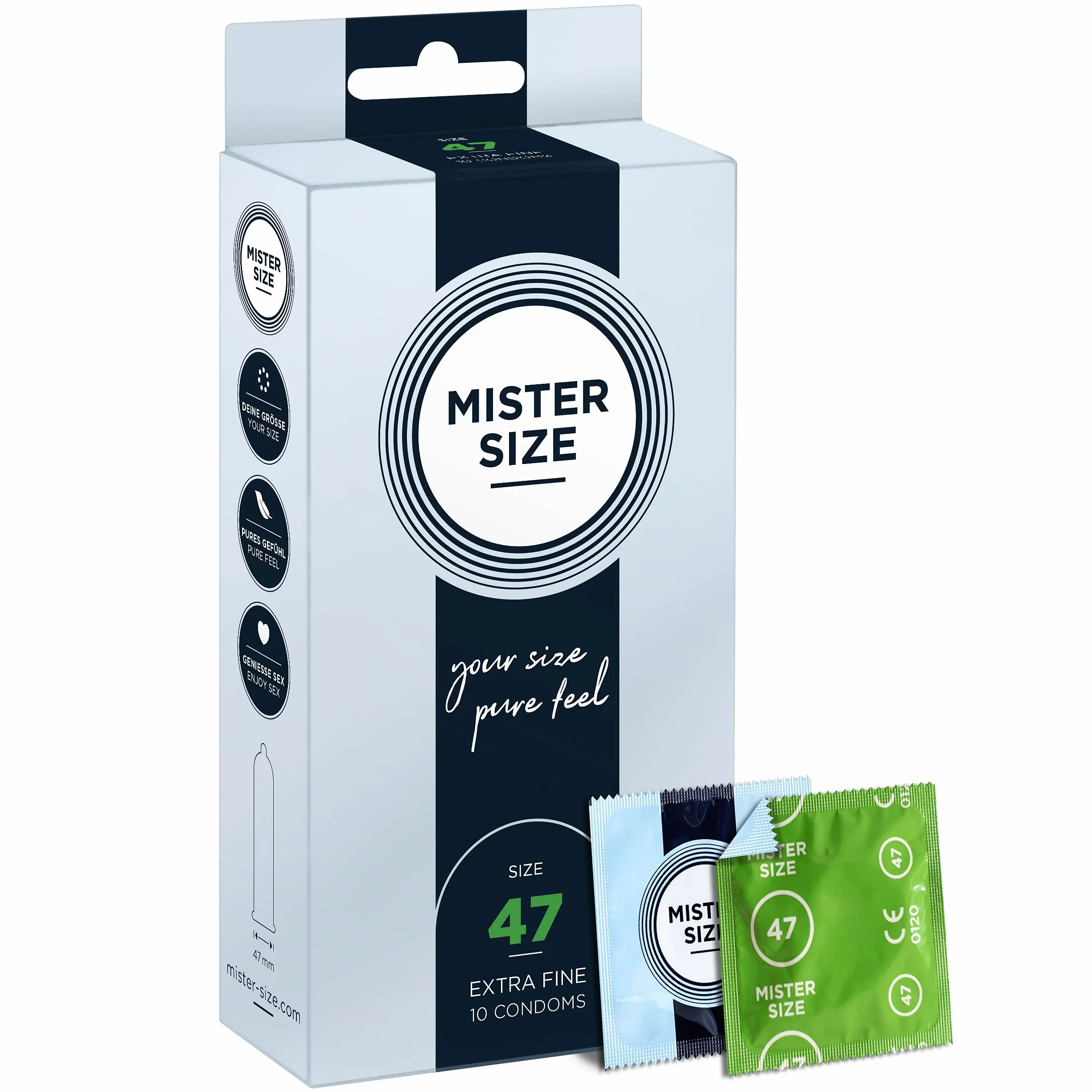 MISTER SIZE Prezerwatywy zapewniające prawdziwe odczucia, bardzo cienkie 47 mm w zestawie 10szt / super cienkie, super delikatne, ekstra wilgotne / 100% naturalny lateks kauczukowy i twój rozmiar XS-S / naturalne odczucia opakowanie 10szt