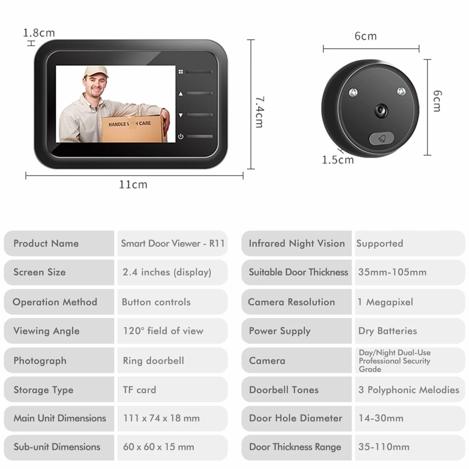 Inteligentny wizjer do drzwi 2,4 cala z kamerą i dzwonkiem, szeroki kąt 120°, noktowizor IR, HD 0,3 MP, pamięć 32 GB