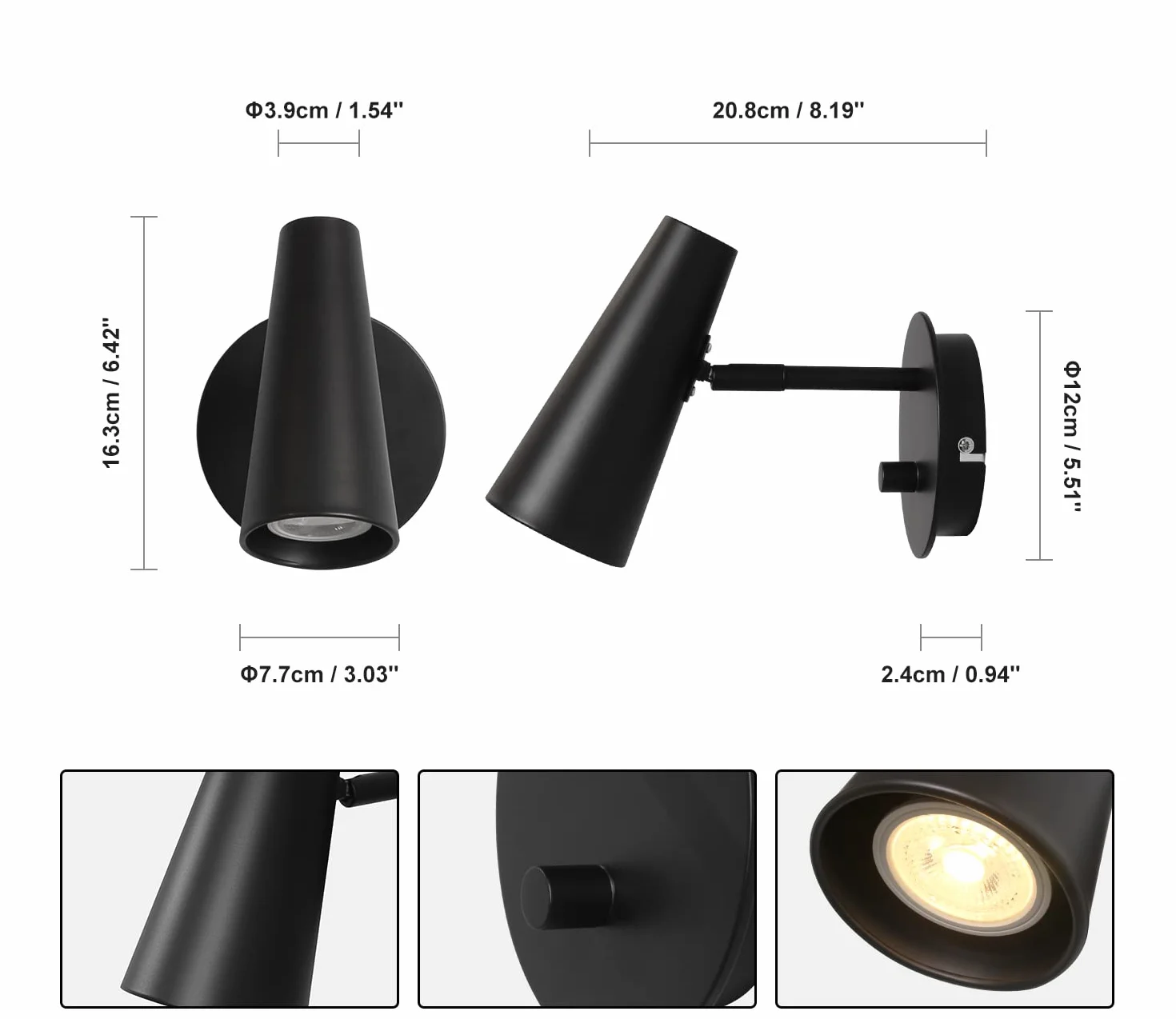DAWALIGHT Reflektor ścienny z przełącznikiem LED 5W 3000K ciepła biel, ściemnialna GU10, prosta lampa ścienna, regulowane oświetlenie do salonu, sypialni, korytarza, hotelu, aluminium, czarny
