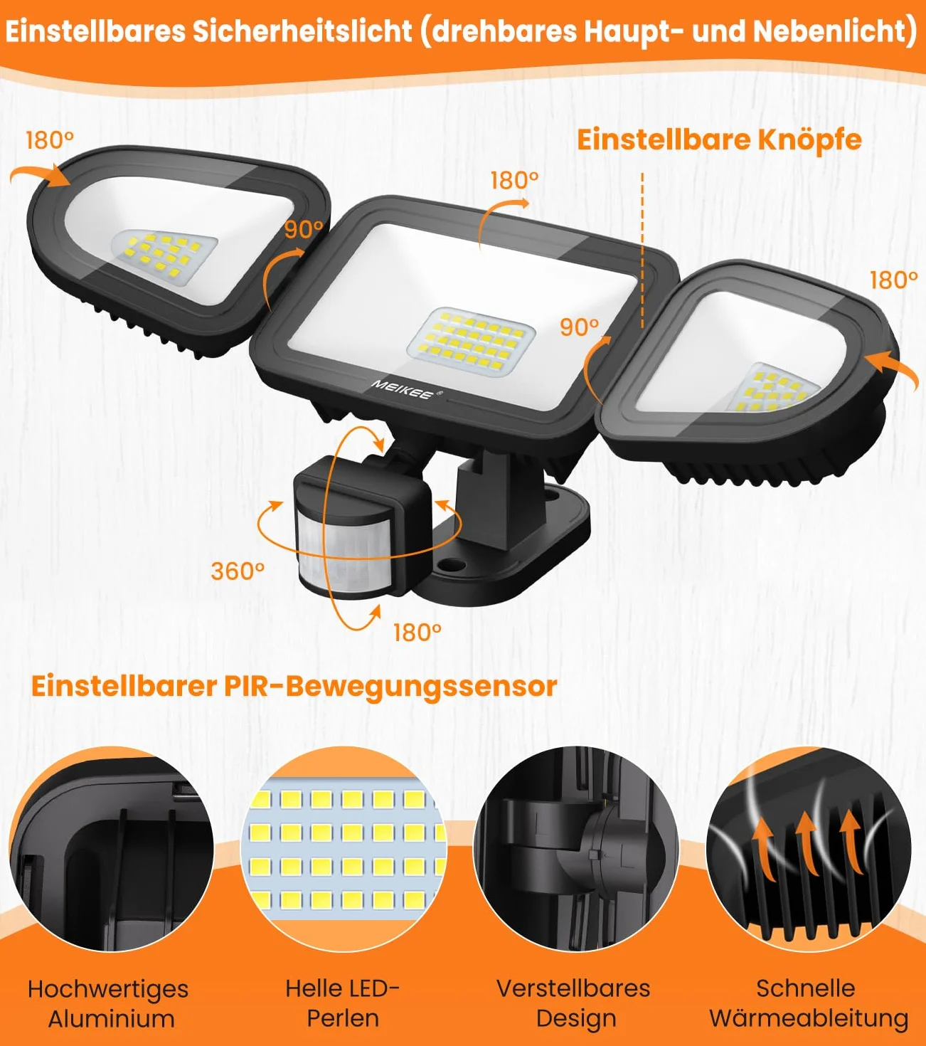 MEIKEE Reflektor LED z czujnikiem ruchu, 42 W, 4200 lm, reflektor zewnętrzny IP65, światło reflektorowe 6500 K, trzy głowice, regulacja 180°, światło bezpieczeństwa do garażu, ogrodu, na taras, podwórko
