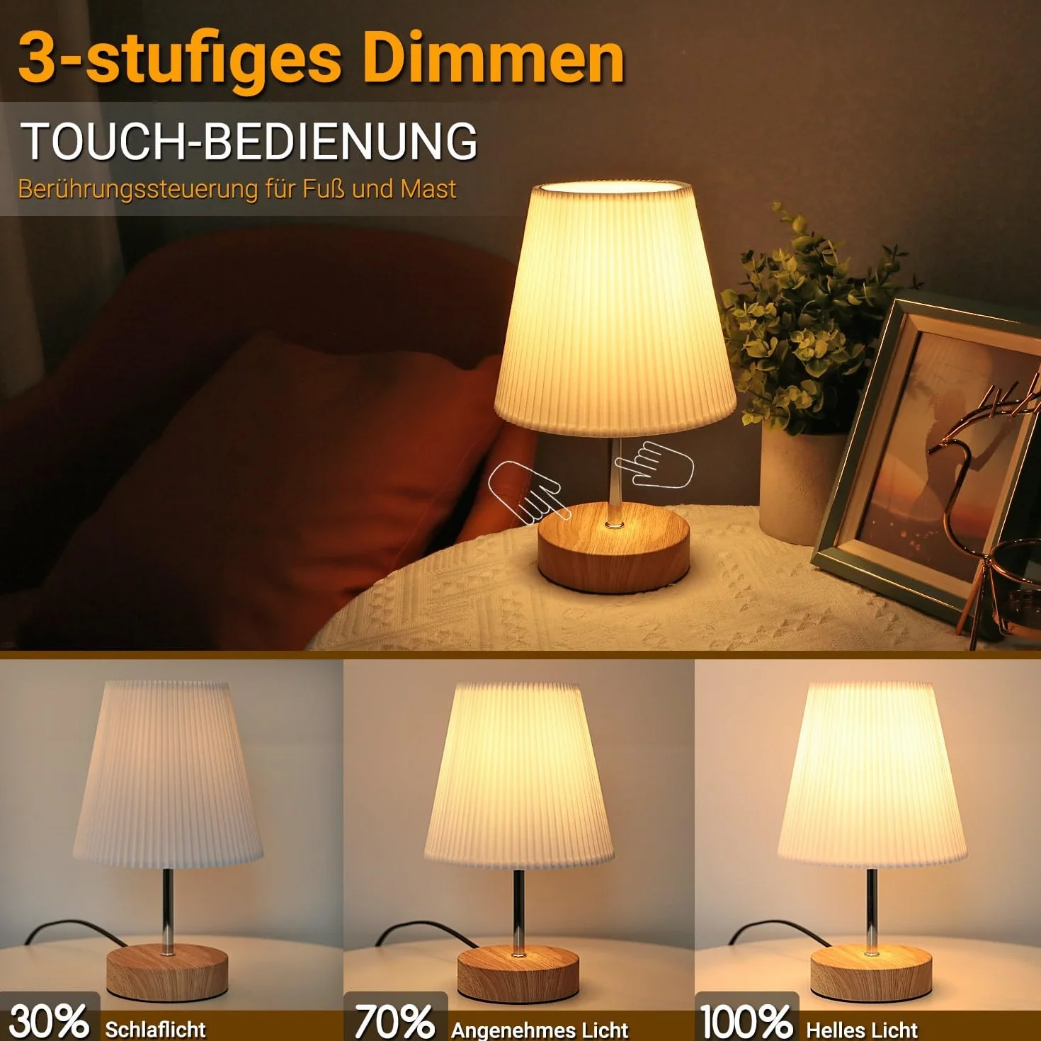 HSLighting Lampka nocna dotykowa ściemniana: lampa stołowa dotykowa ściemniana żarówka 3 poziomy jasności, regulowana lampa biurkowa, minimalistyczna do czytania, salon