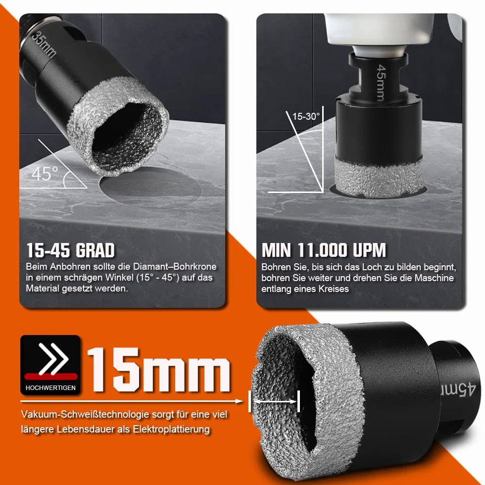 7-częściowy zestaw wierteł do płytek M14 x 15 mm, diamentowa koronka wiertnicza 20-68 mm + tarcza tnąca 125 mm, do szlifierek kątowych, otwornic, płytek, granitu, gresu, ceramiki, muru, korony