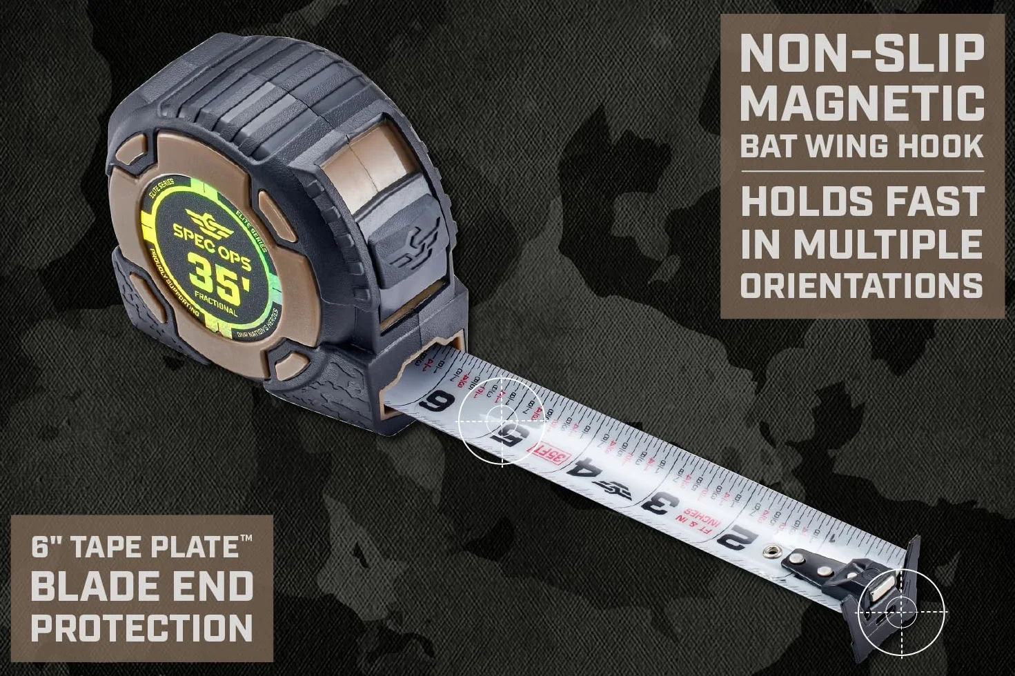 Spec Ops Tools Taśma magnetyczna z serii Elite, dwustronne ostrze 3,6 cm, zawiera oznaczenia ułamkowe, 30 m wyróżniających się, obudowa kompozytowa klasy wojskowej, 3% przekazane weteranom