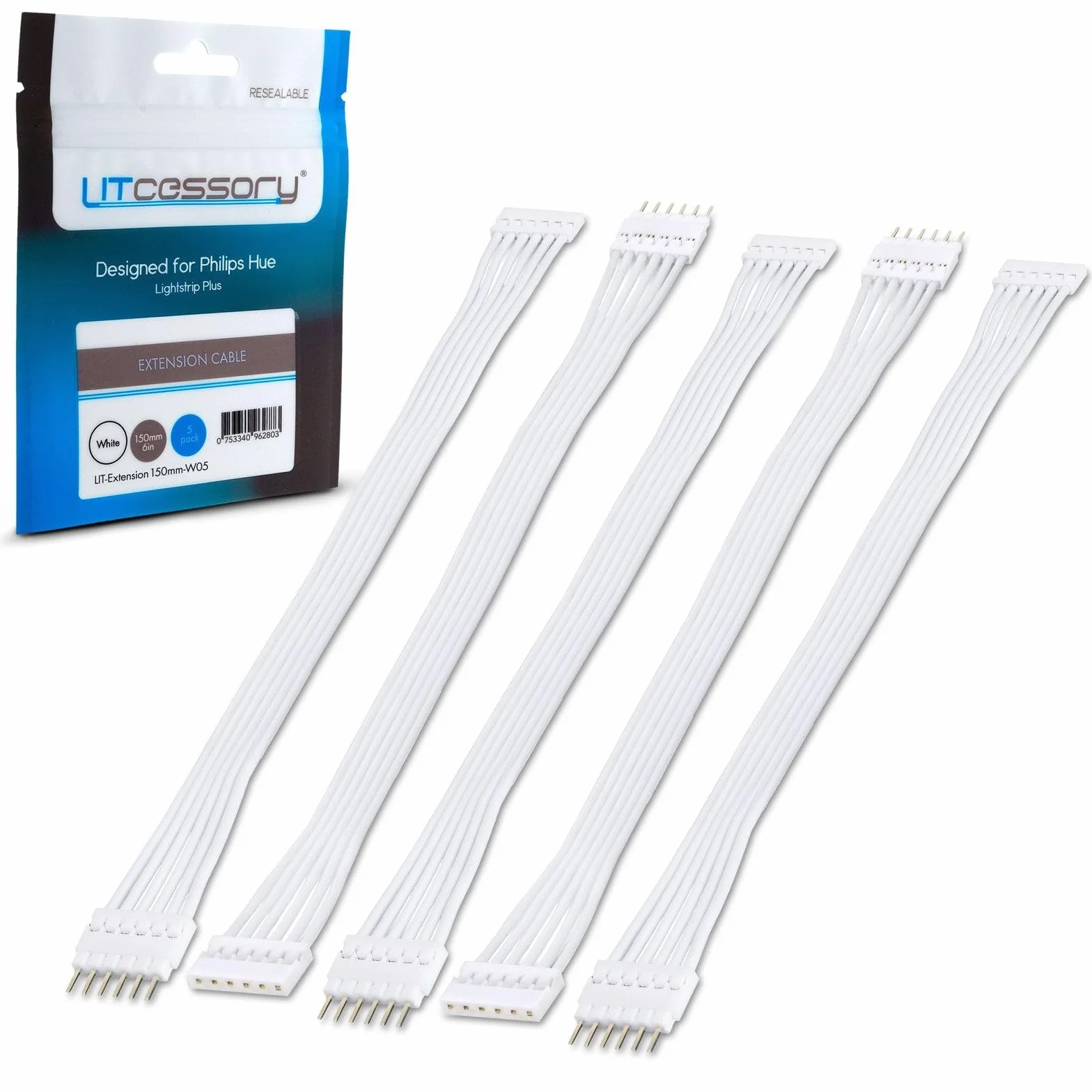 Litcessory Przedłużacz dla Philips Hue Lightstrip Plus (150mm, 5 Sztuk, Bialy - STANDARD 6-KOLEK V3 / WiZ Lightstrip)