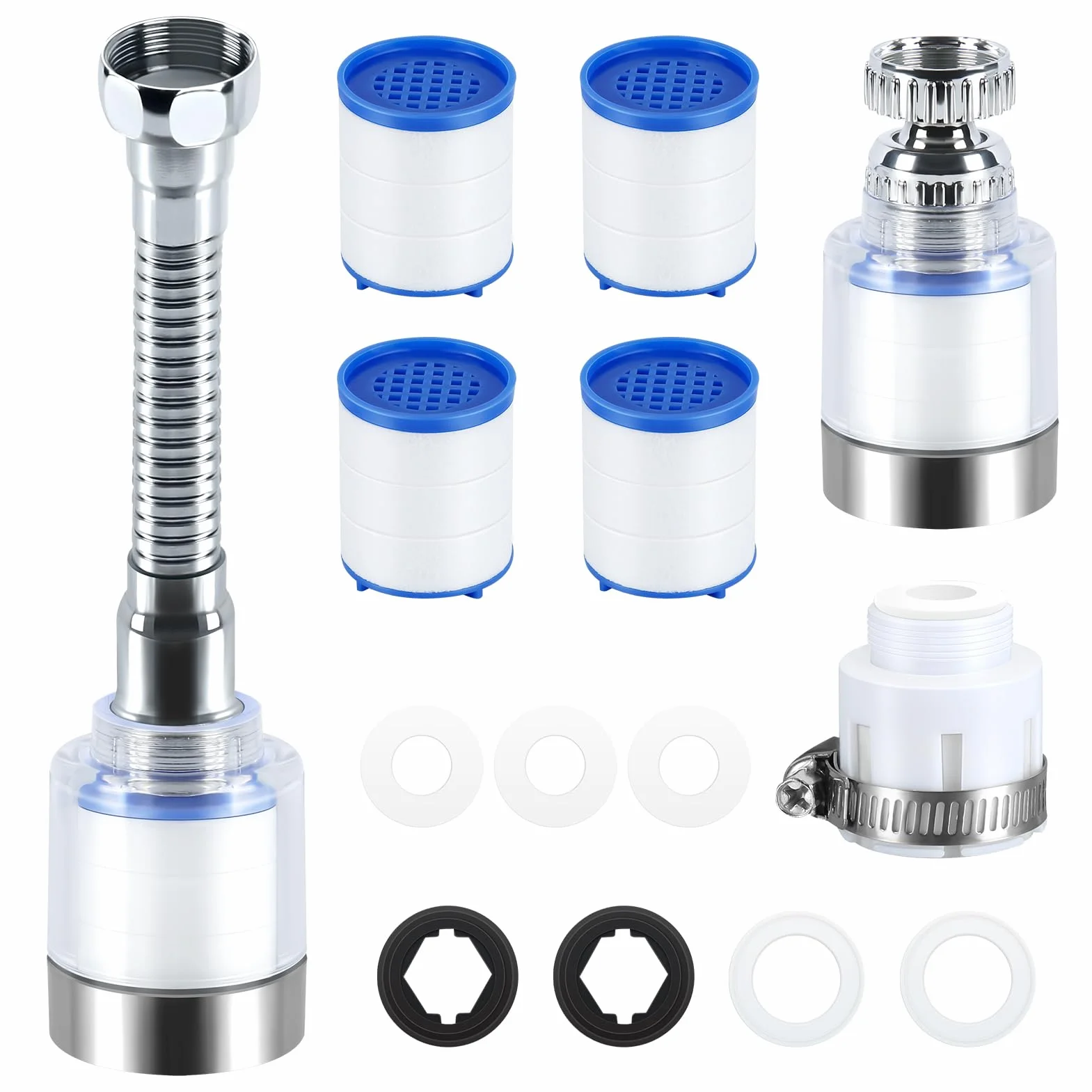2 sztuki filtrów do wody, kran, filtr do wody pitnej, 360° filtr wody z kranu z 4 wkładami filtrującymi do wody, do kuchni, łazienki