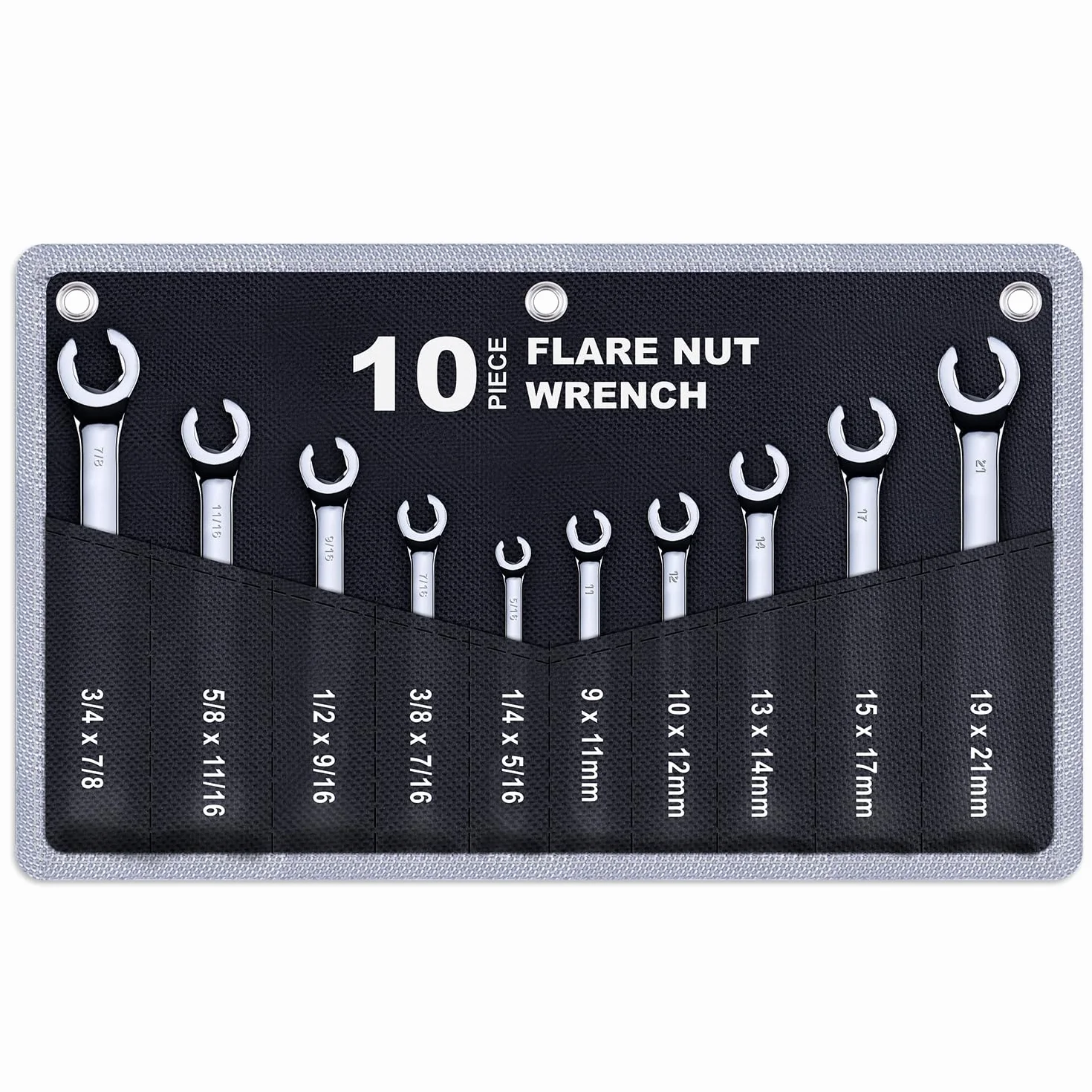 10-częściowy kompletny zestaw kluczy nasadowych metrycznych i SAE z woreczkiem, metryczne 9 mm - 21 mm, cale 1/10.2 cm - 7/20.3 cm, stal Cr-V, 6-punktowa konstrukcja z podwójną końcówką, idealny klucz