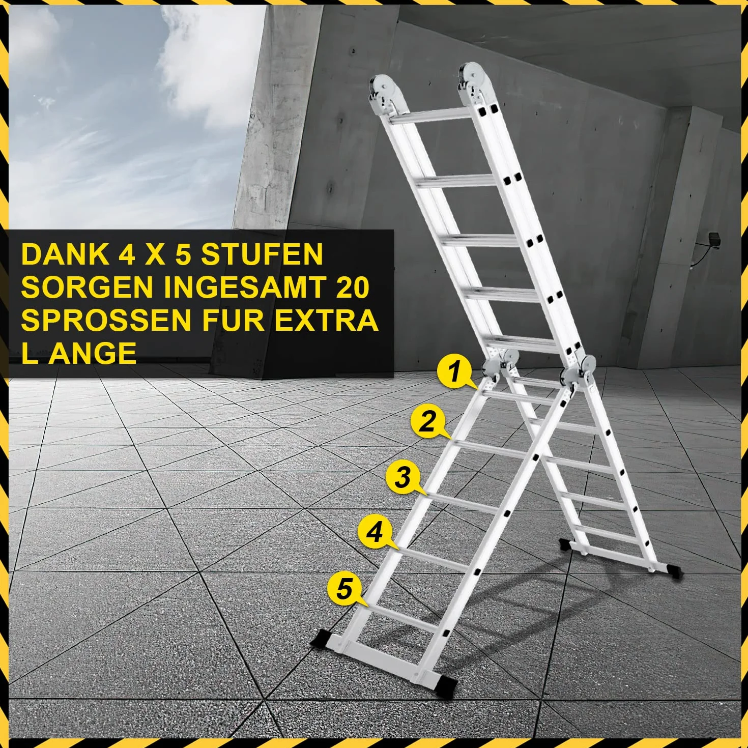 Randaco Wielofunkcyjna drabina 7 w 1, 582 cm, 4 x 5, aluminiowa, wielofunkcyjna, z 2 platformami i kółkami, drabina wielofunkcyjna, 20 szczebli, maks. obciążenie 150 kg, drabina przegubowa