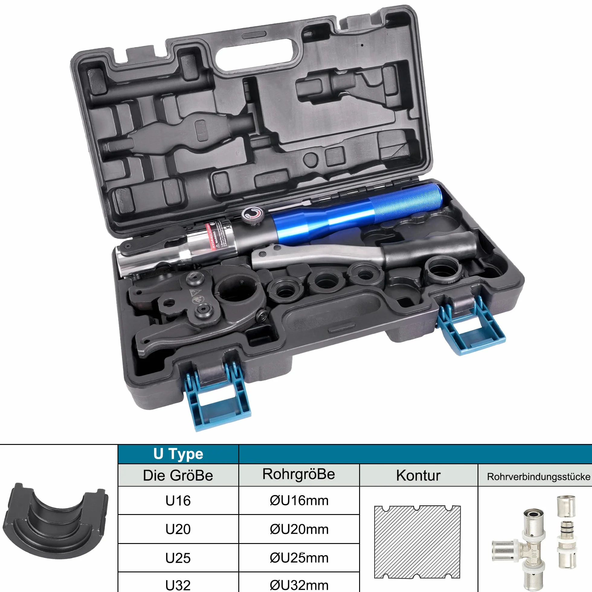 AMZCNC Profesjonalny zestaw hydraulicznych narzędzi do zaciskania, U-Contour 16-20-25-32, do rur kompozytowych ze złączkami U