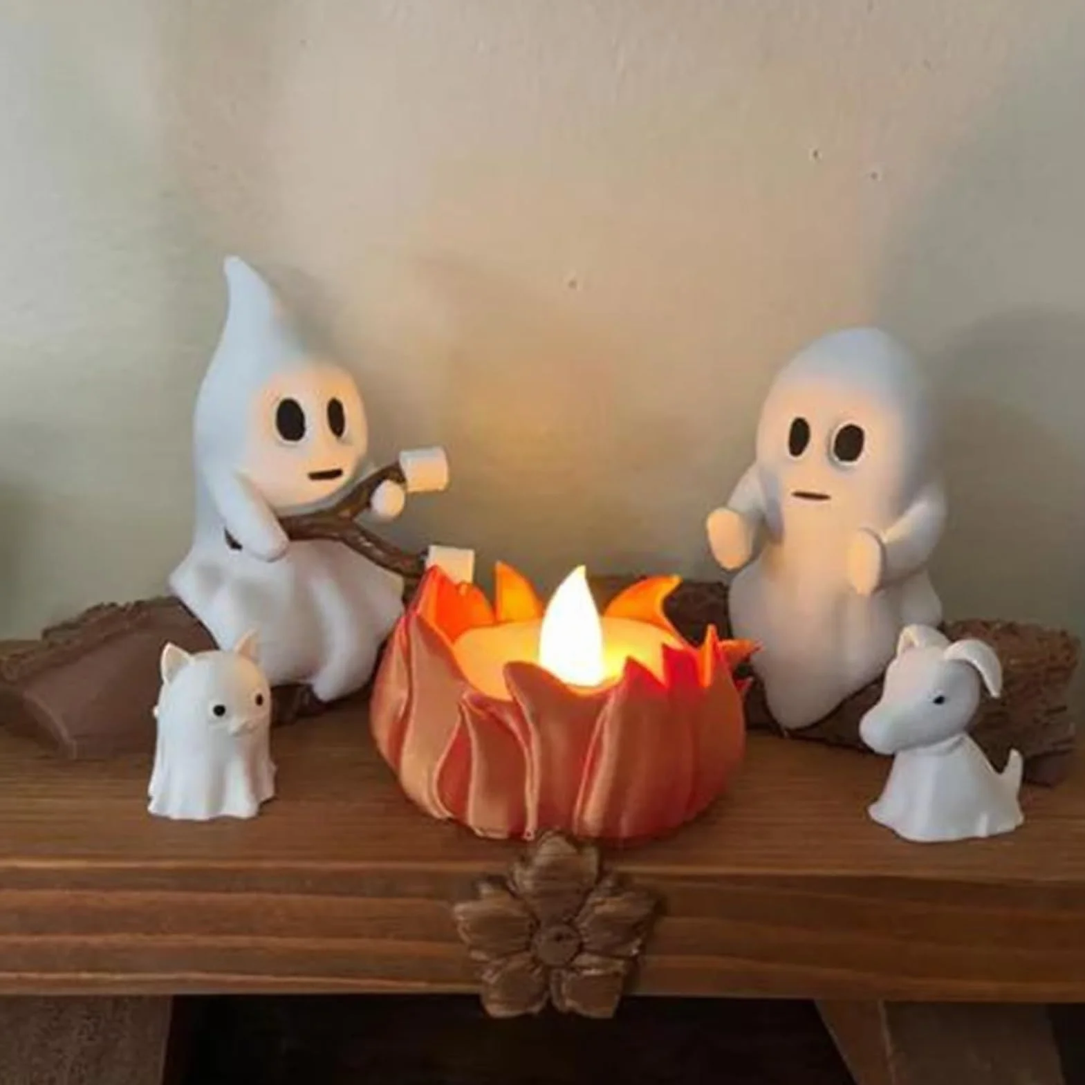 Ghost Campfire lampka nocna, 3D duch, ognisko, migocząca lampka nocna, zabawna dekoracja na Halloween, urocza przytulna upiorna statuetka, lampka nocna do domowego kominka lub biurka (wszystkie)