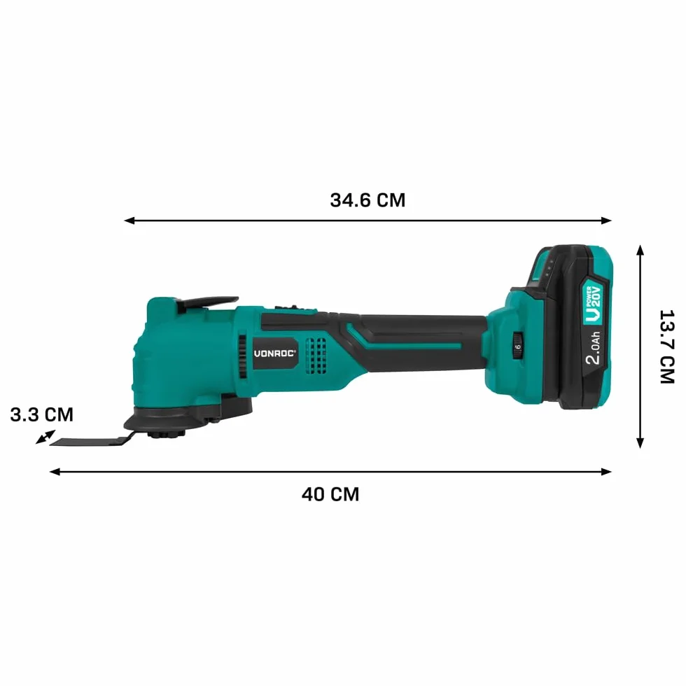 VONROC Multitool oscylator akumulatorowy 20 V, 6 prędkości, 7000-19 000 obr./min, akumulator 2,0 Ah, szybkie ładowanie, skrobaczka, ostrze zanurzeniowe, taca i papier ścierny