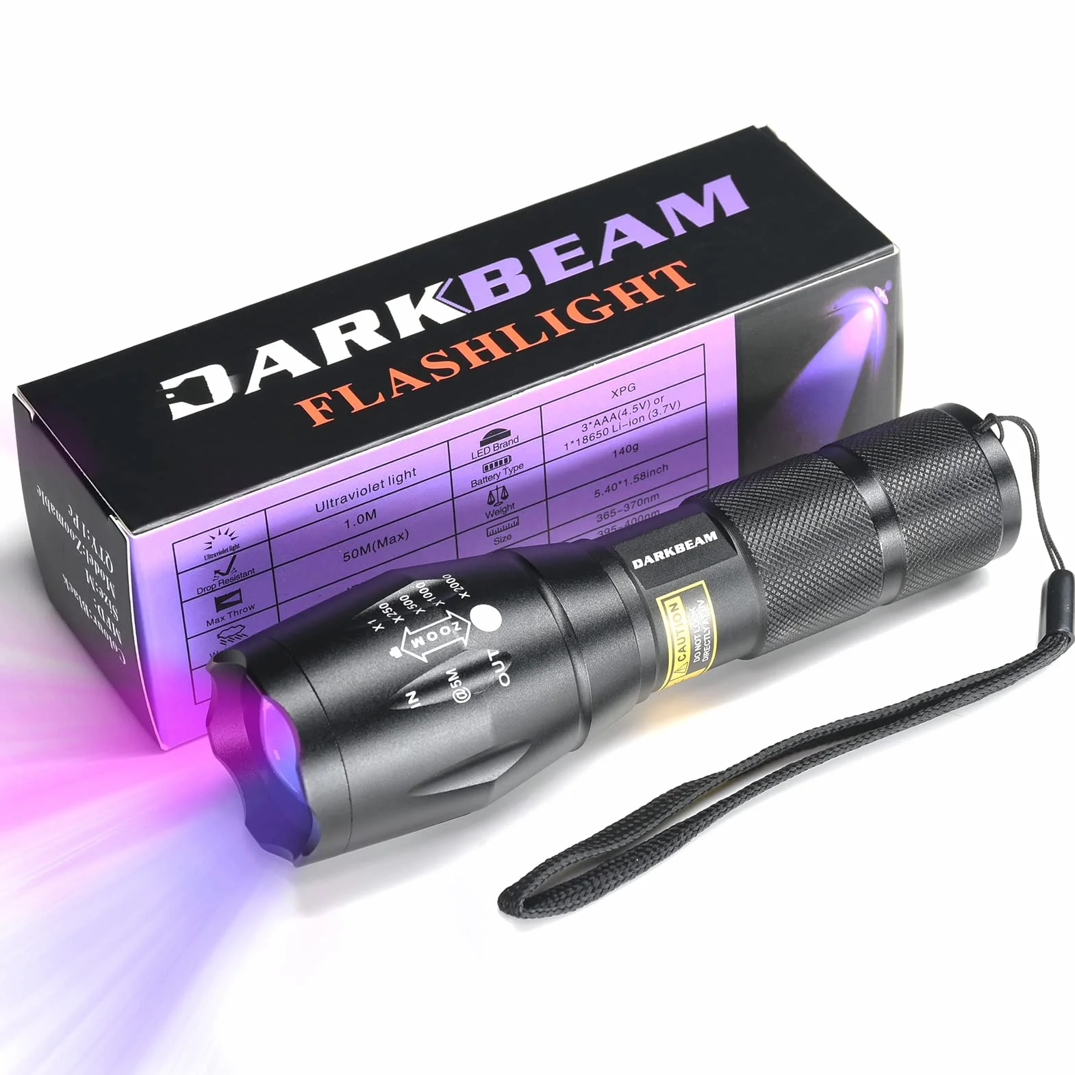 DARKBEAM Latarka UV 365nm 395nm Akumulatorowa Wood's Lamp Blacklight Mini LED Detektor Moczu Zwierząt Bursztyn Żywica 1 Szt