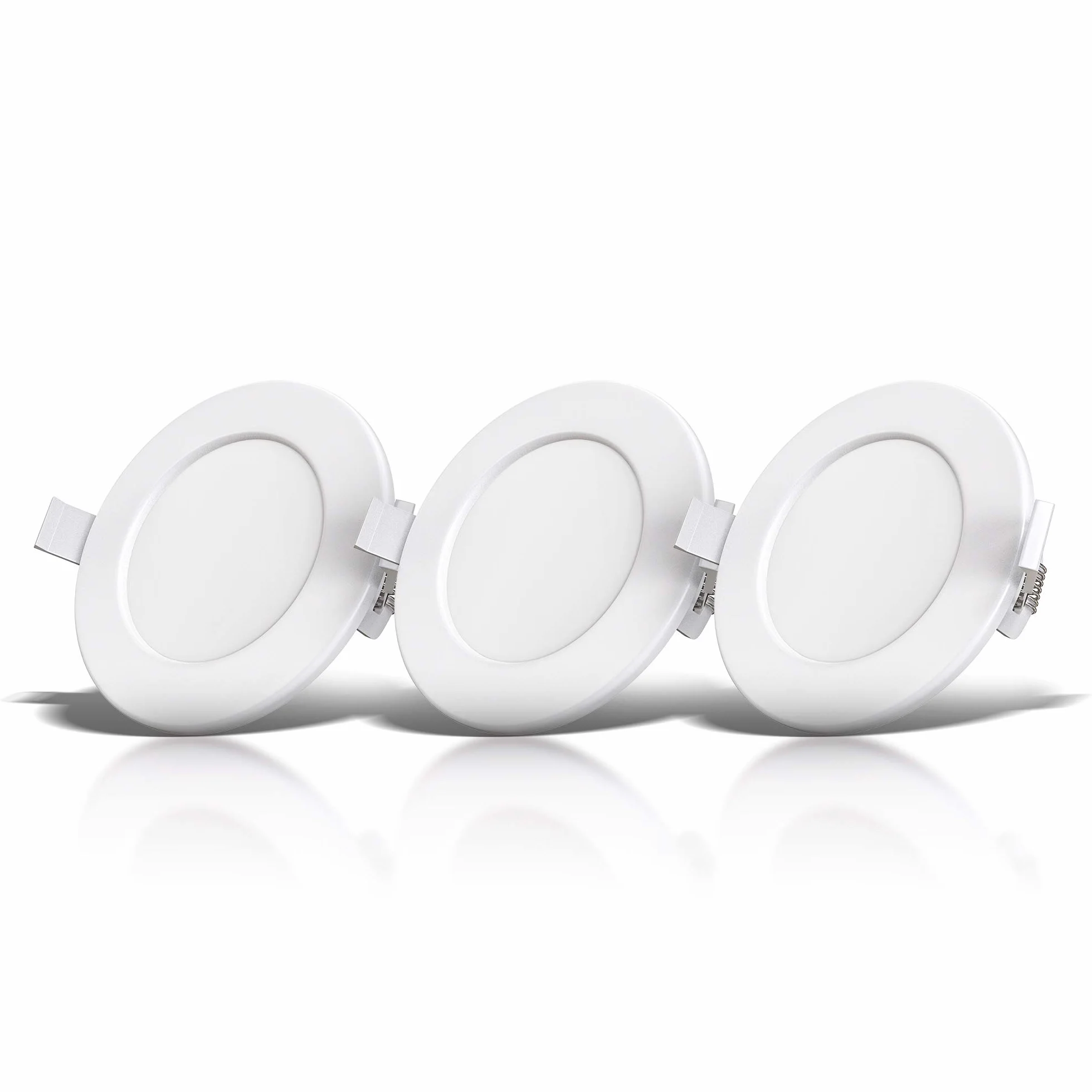 B.K.Licht zestaw 3 ściemnianych reflektorów LED do zabudowy w łazience, ultra-cienki, wycięcie na suficie Ø 100 mm / 3,94 cala, wbudowane moduły LED 6 W, 600 lm, ciepłe białe światło 3000 K, IP44, nie wymaga transformatora 230 V