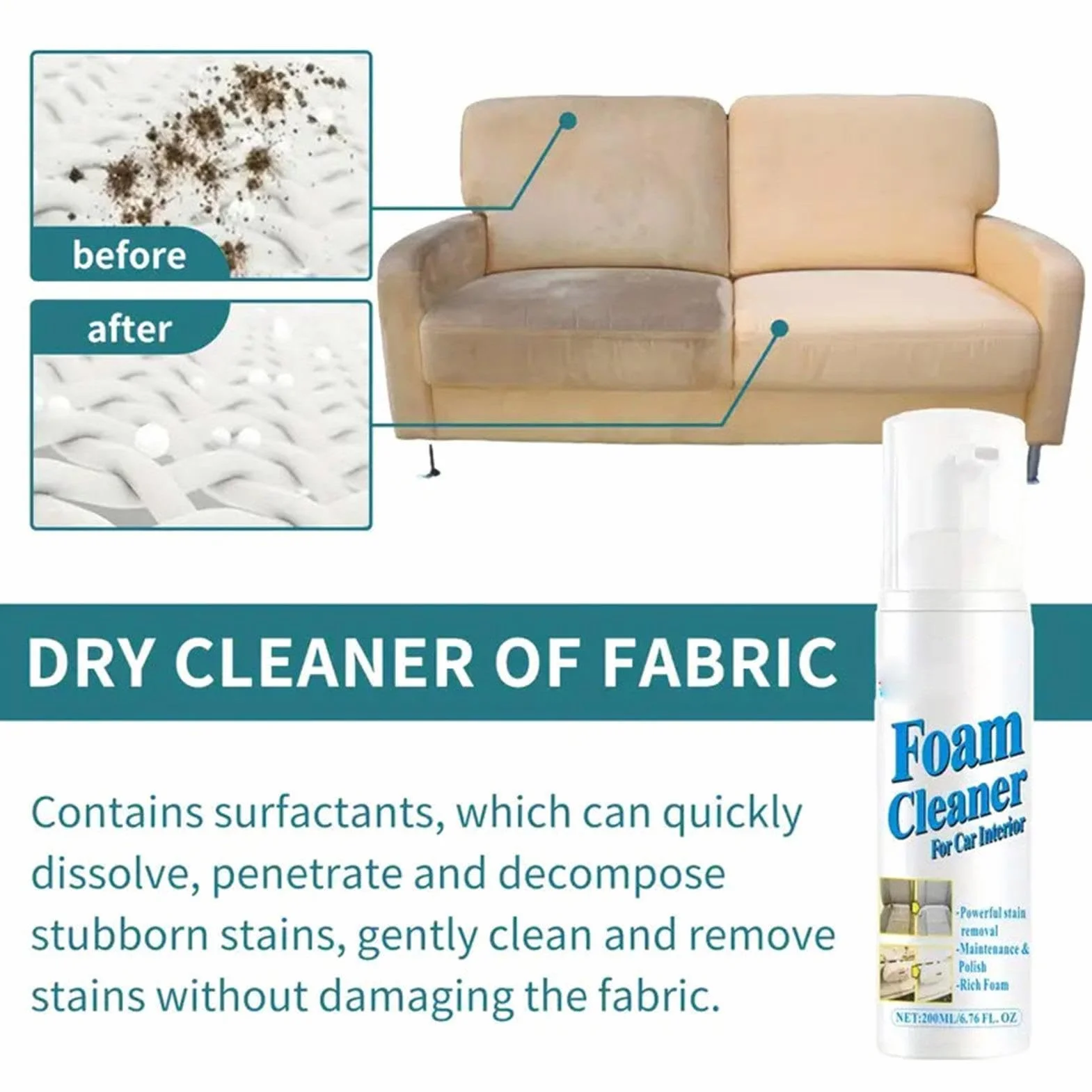 Foam Clean Spray Solution – środek do czyszczenia bez spłukiwania, 200 ml, pianka pielęgnacyjna z łagodną formułą liftingową, zestaw do usuwania włosów, środek do usuwania domu, głębokie oczyszczanie
