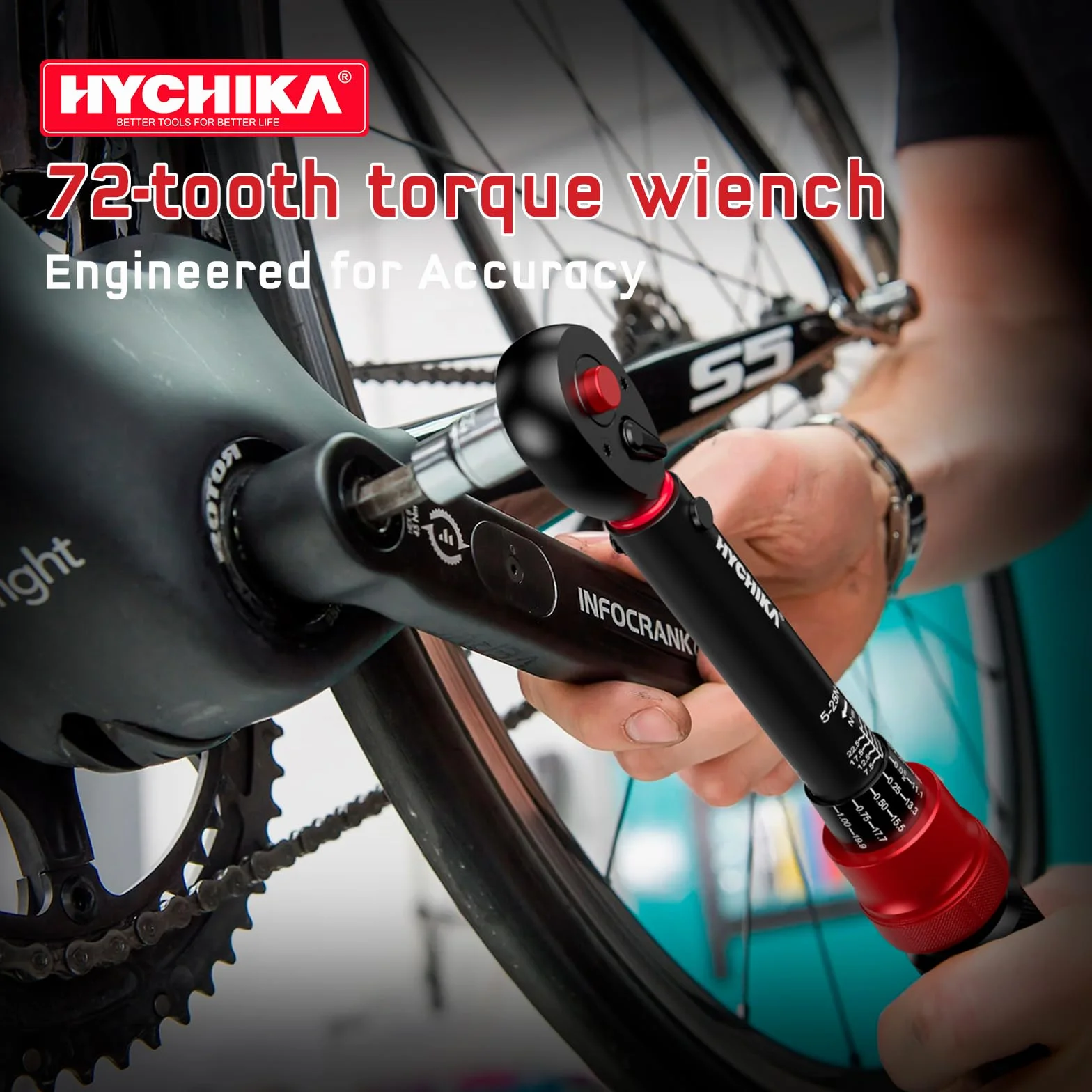 HYCHIKA 13-częściowy zestaw kluczy dynamometrycznych 1/4" 5-25 Nm, dokładność ± 2%, 72-zębowy klucz dynamometryczny do roweru z bitami i skrzynką do przechowywania.
