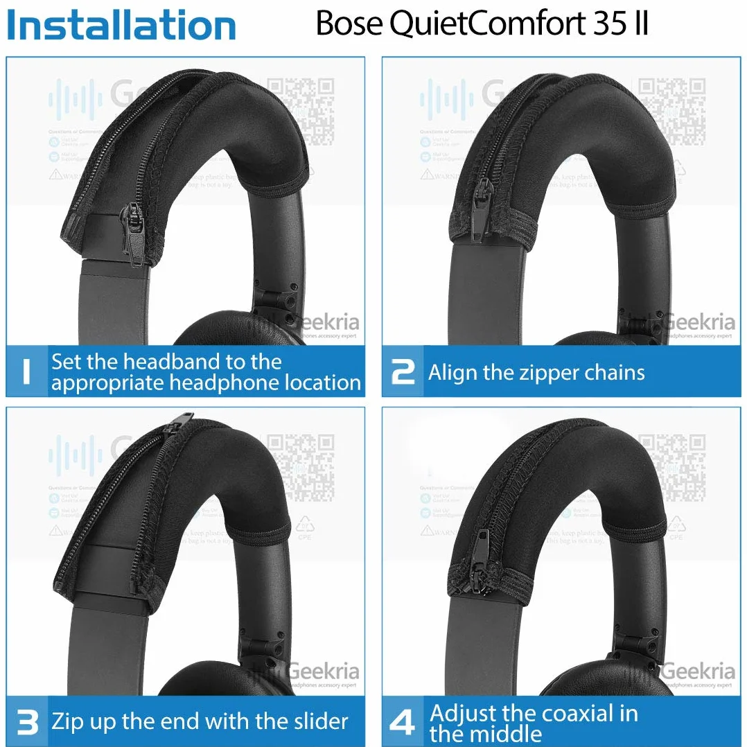 Geekria elastyczna pokrywa pałąka z tkaniny kompatybilna z Bose QC45 QuietComfort 35II/QC35/QC25, zamiennik/naprawa, osłona na pot, prosta instalacja DIY (Czarny)