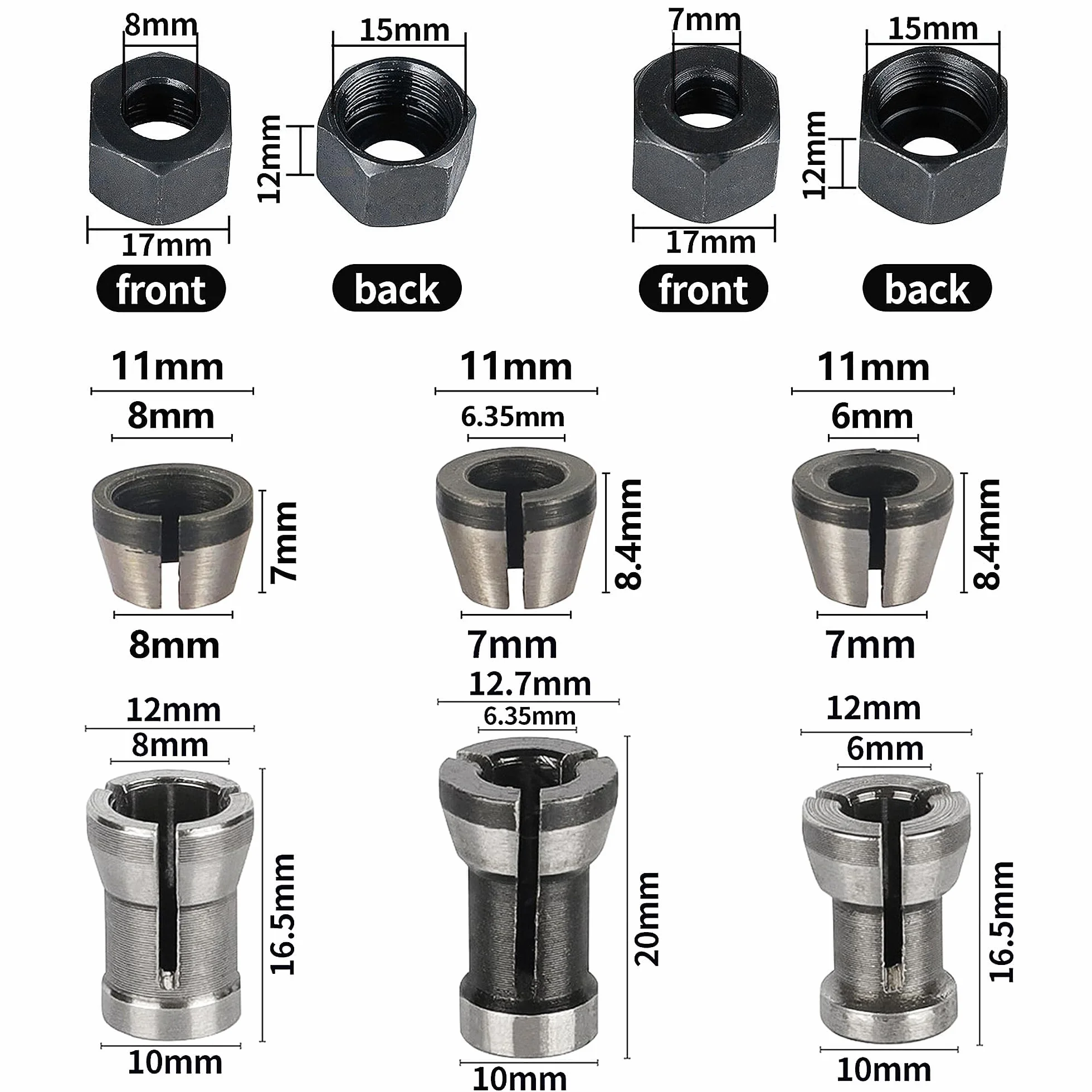 Zestaw 8 tulejek zaciskowych, frezarka górnowrzecionowa, akcesoria do Einhell Katsu Makita Bosch Dewalt, 6 adapterów zaciskowych (6 mm, 6,35 mm, 8 mm) + 2 nakrętki do maszyny do grawerowania