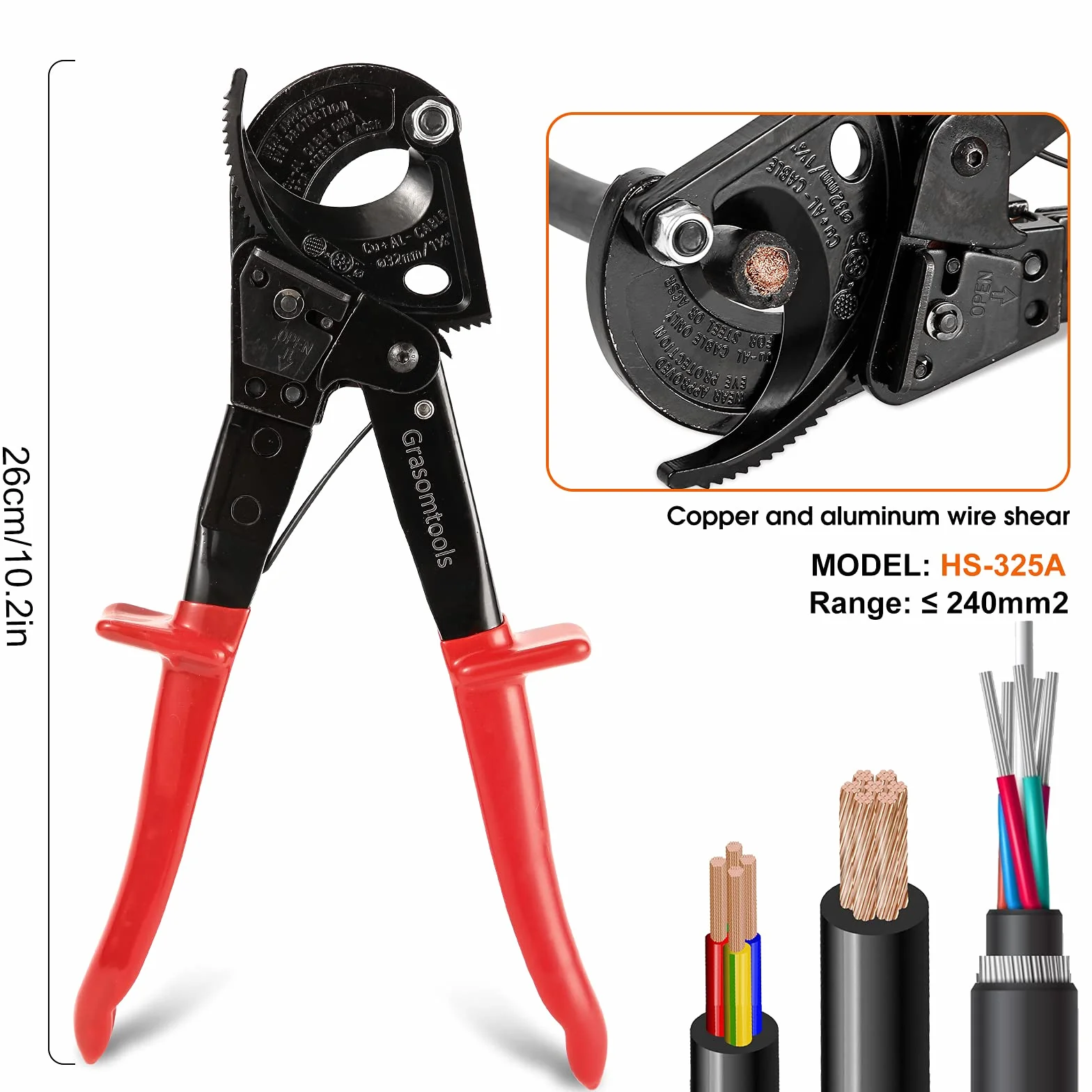 Przecinak do kabli z grzechotką, przecinak zapadkowy i przecinak do kabli do drutu, cięcie do 240 mm², HS325A wytrzymałe przecinaki do kabli z grzechotką do aluminium i miedzi,
