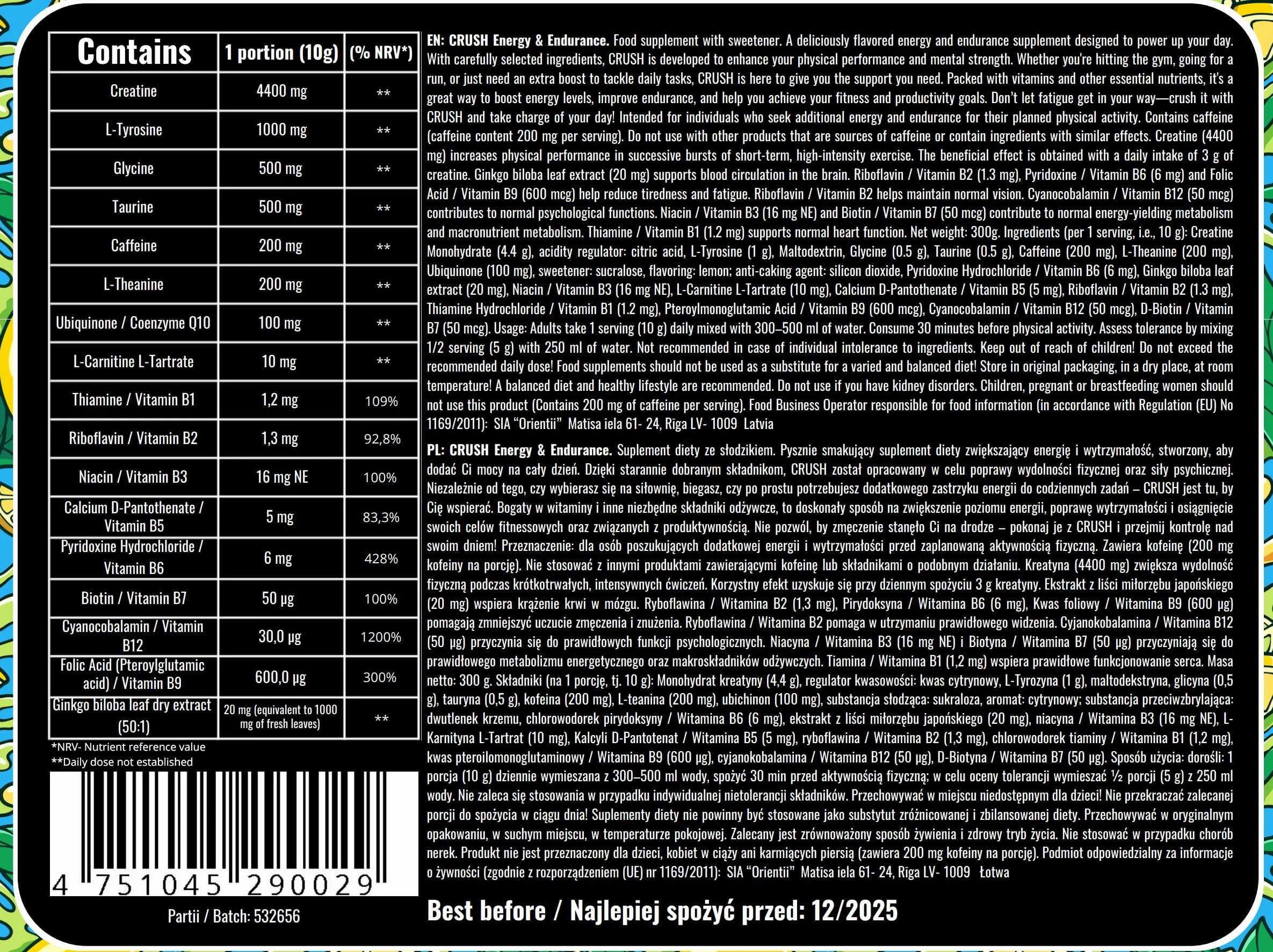 Crush Energy & Endurance Pre-Workout – Suplement Przedtreningowy z Kofeiną, Kreatyną, Tauryną, L-Karnityną, Koenzymem Q10 i Witaminami B – Energia, Siła, Wytrzymałość – 30 Porcji – 300g