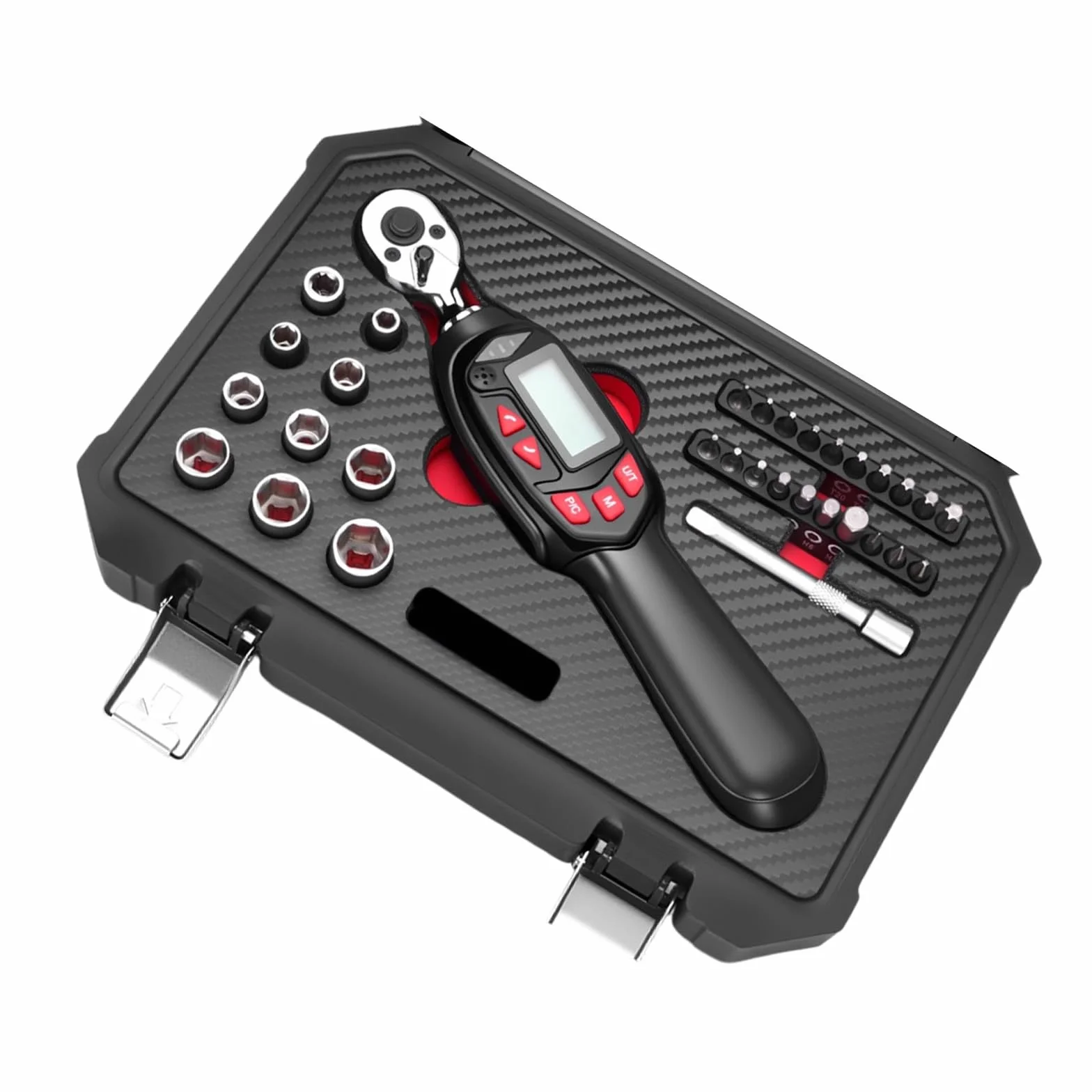 Zestaw 32 cyfrowych kluczy dynamometrycznych, w tym różne gniazda przedłużające bit, etui do naprawy pojazdów, cyfrowy moment obrotowy