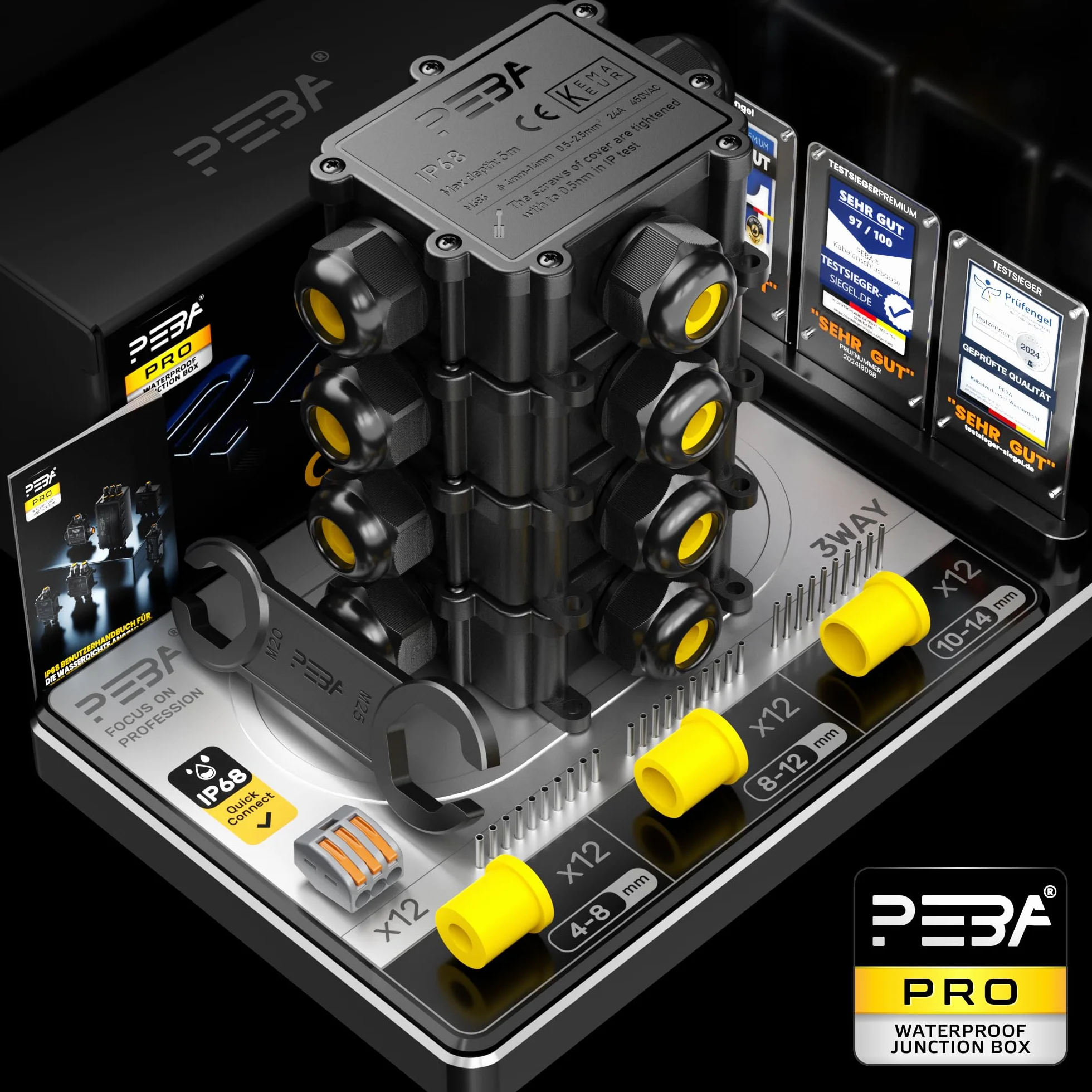 PEBA® IP68 Zewnętrzna Wodoszczelna Skrzynka Rozgałęźna 3-Drożna, Czarna 4szt