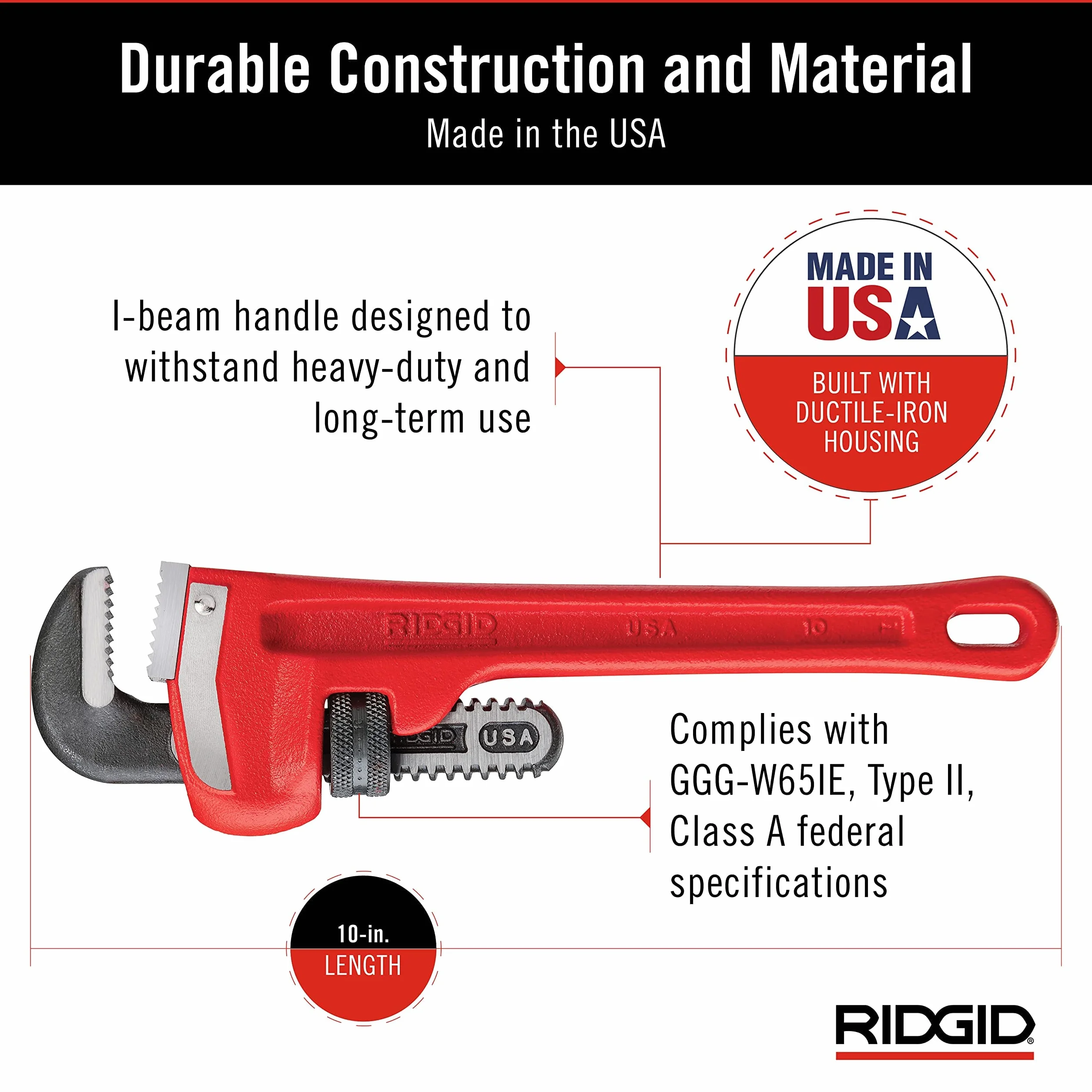 RIDGID 31010 model 10" prosty klucz do rur do dużych obciążeń, klucz sanitarny 10"
