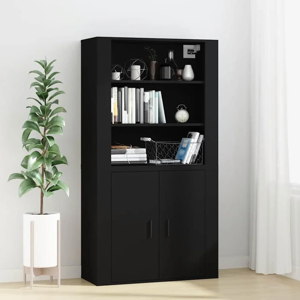 Szafka ścienna czarna z materiału drewnopochodnego 80 x 33 x 80 cm z 3 półkami, organizer do salonu, sypialni, kuchni i biura, do montażu na ścianie lub jako kredens
